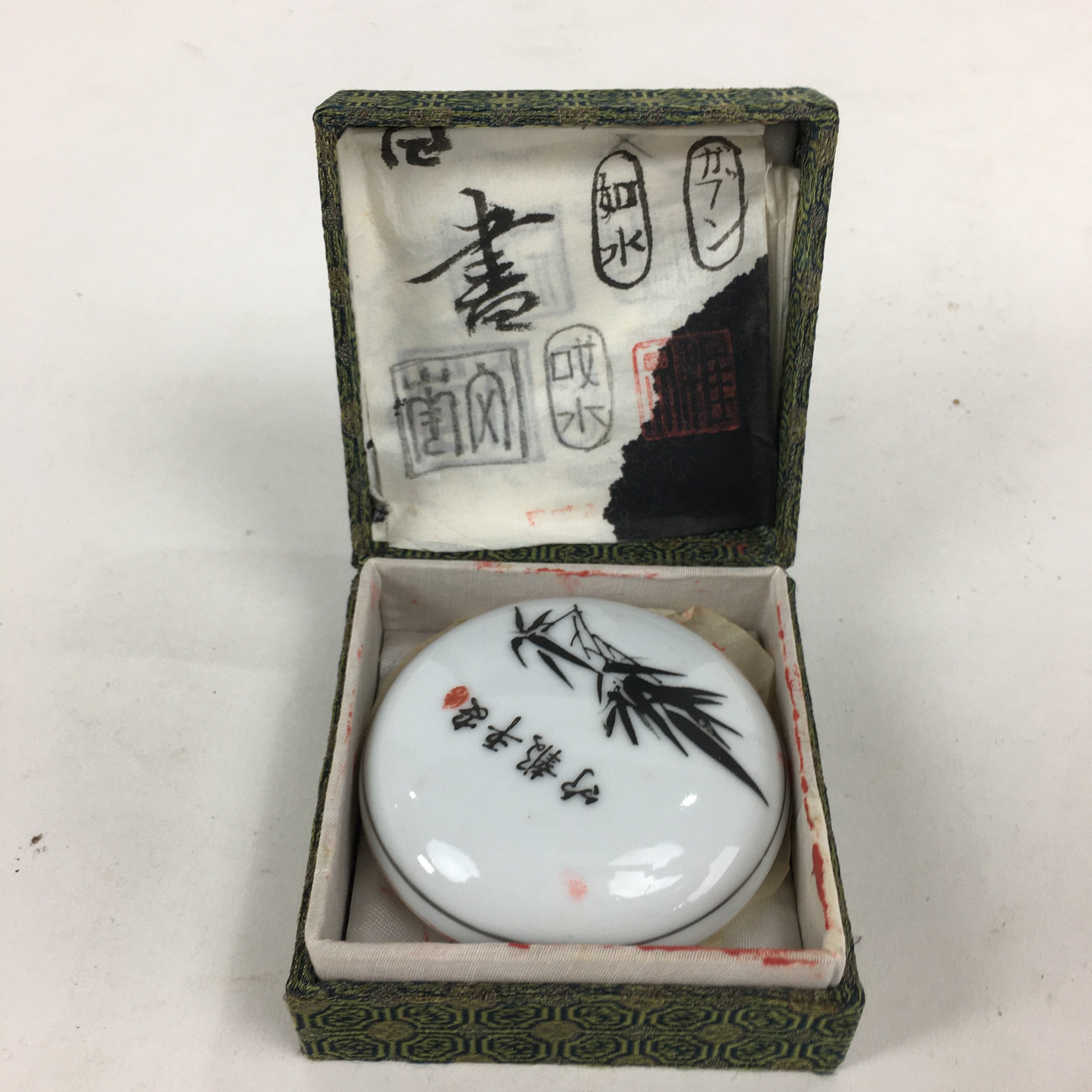 Chinese Porcelain Name Stamp Ink Container Vtg Red Seal Ink Bamboo Design JK240