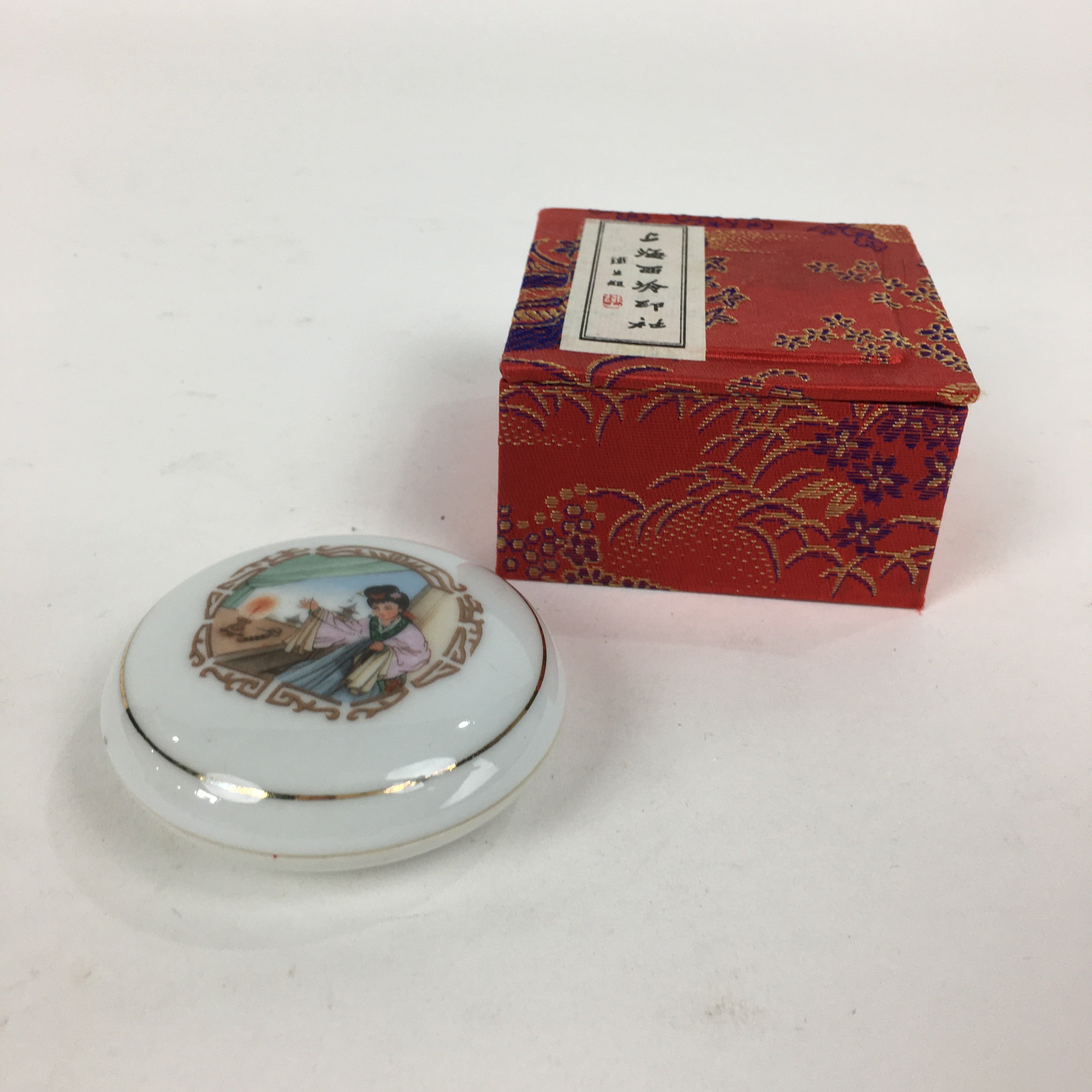 Chinese Porcelain Name Stamp Ink Container Vtg Red Seal Ink Woman Design JK273