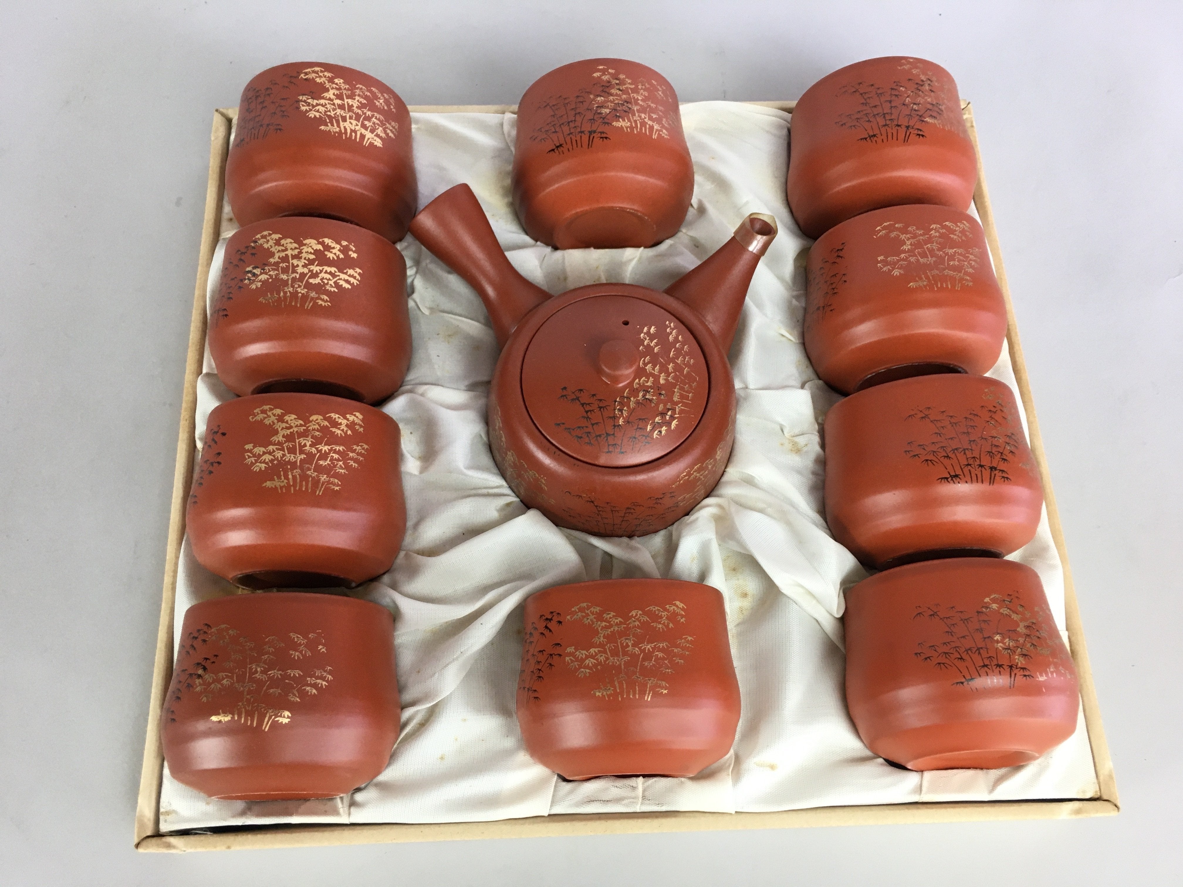 Chinese Tea Set 10pc Cups Pot Vtg Tea Ceremony Yunomi Kyusu Reddish Brown PX539