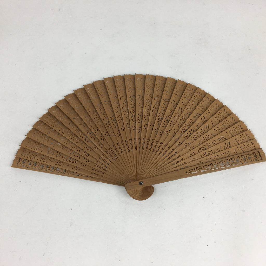 Chinese Wood Folding Hand Fan Vtg Sensu Wooden Carving Brown 4D542