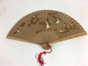 Chinese Wood Folding Hand Fan Vtg Sensu Wooden Carving Crane Brown 4D557