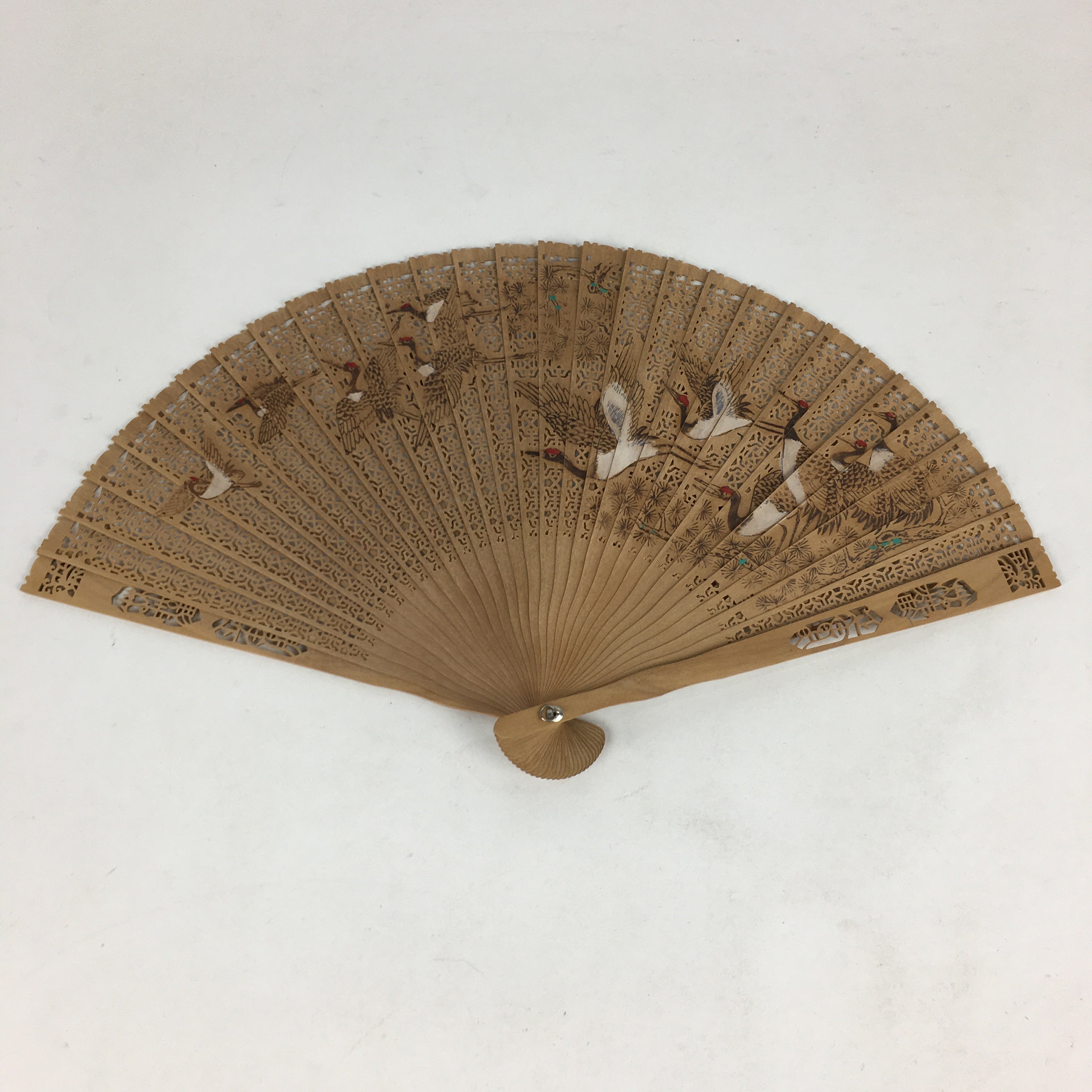Chinese Wood Folding Hand Fan Vtg Sensu Wooden Carving Crane Design 4D571