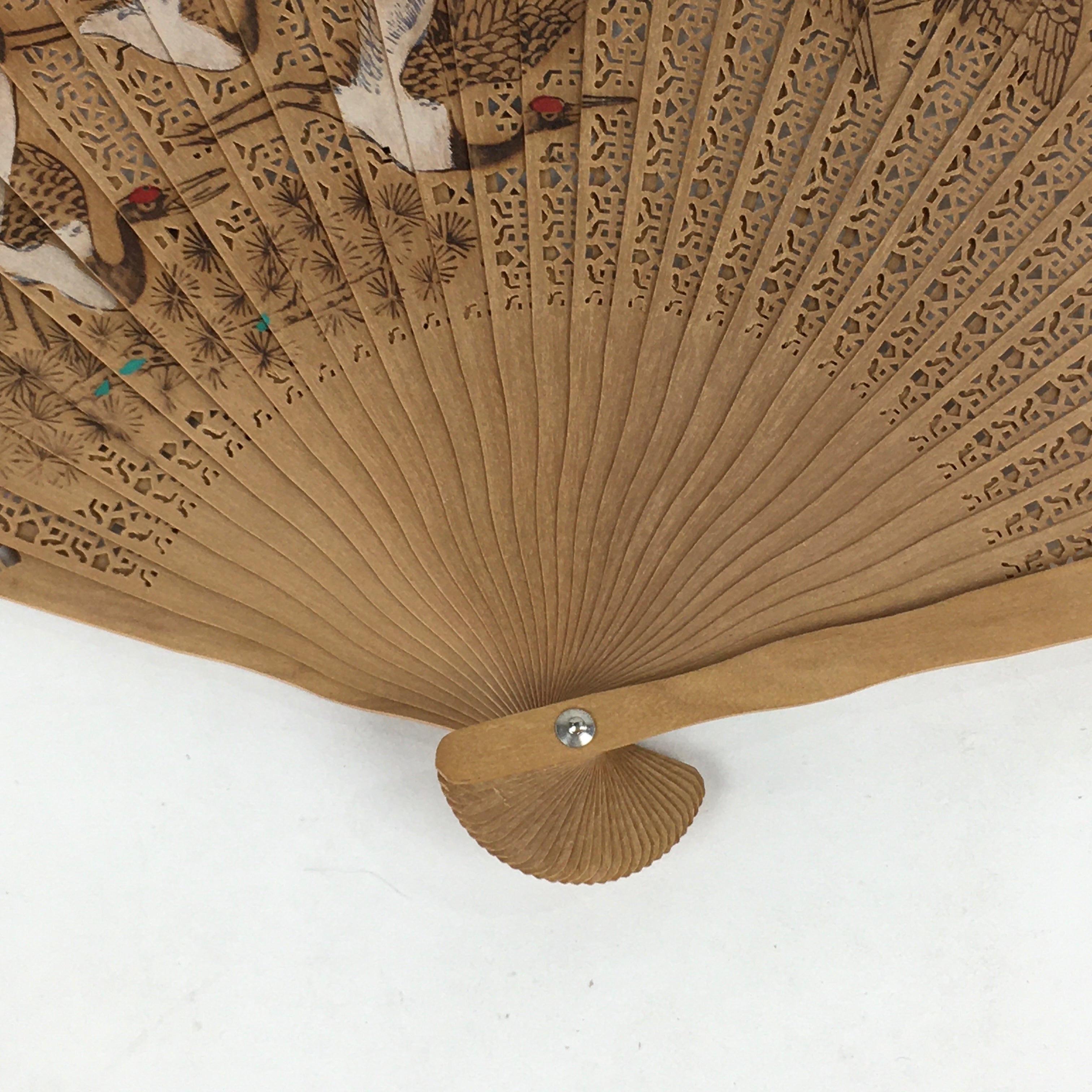 Chinese Wood Folding Hand Fan Vtg Sensu Wooden Carving Crane Design 4D571