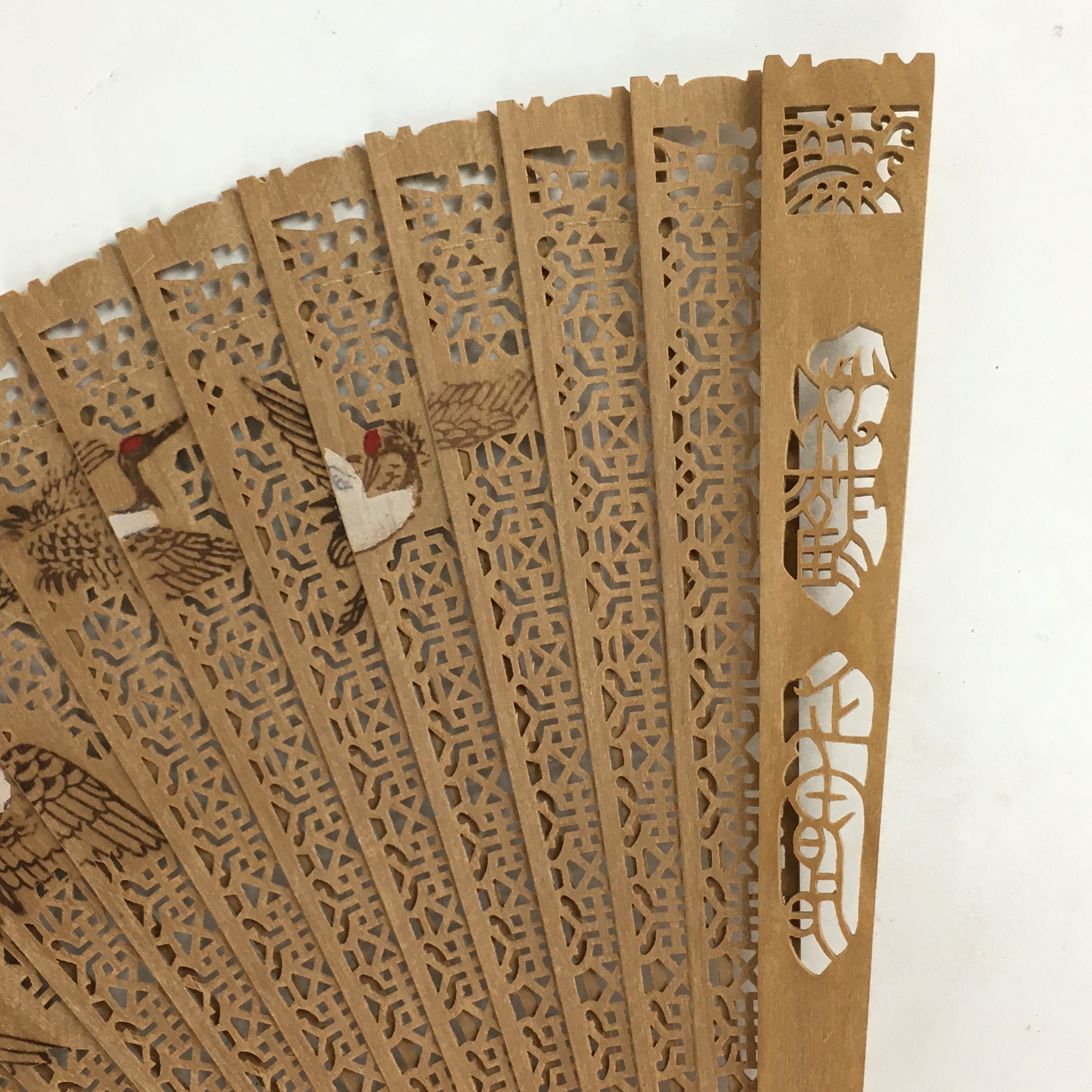 Chinese Wood Folding Hand Fan Vtg Sensu Wooden Carving Crane Design 4D571