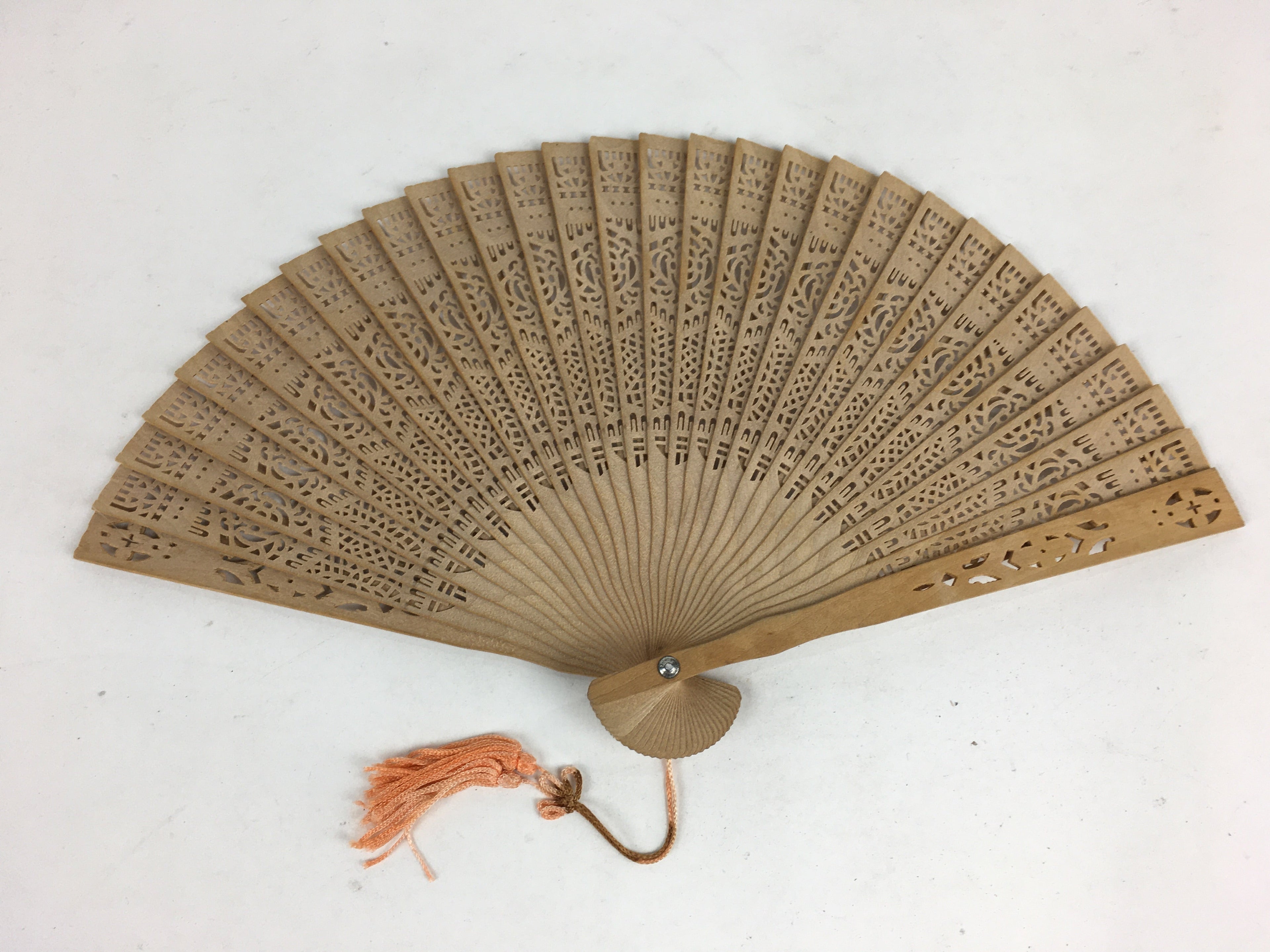 Chinese Wood Folding Scented Hand Fan Vtg Sensu Sandal Wood Carving 4D541