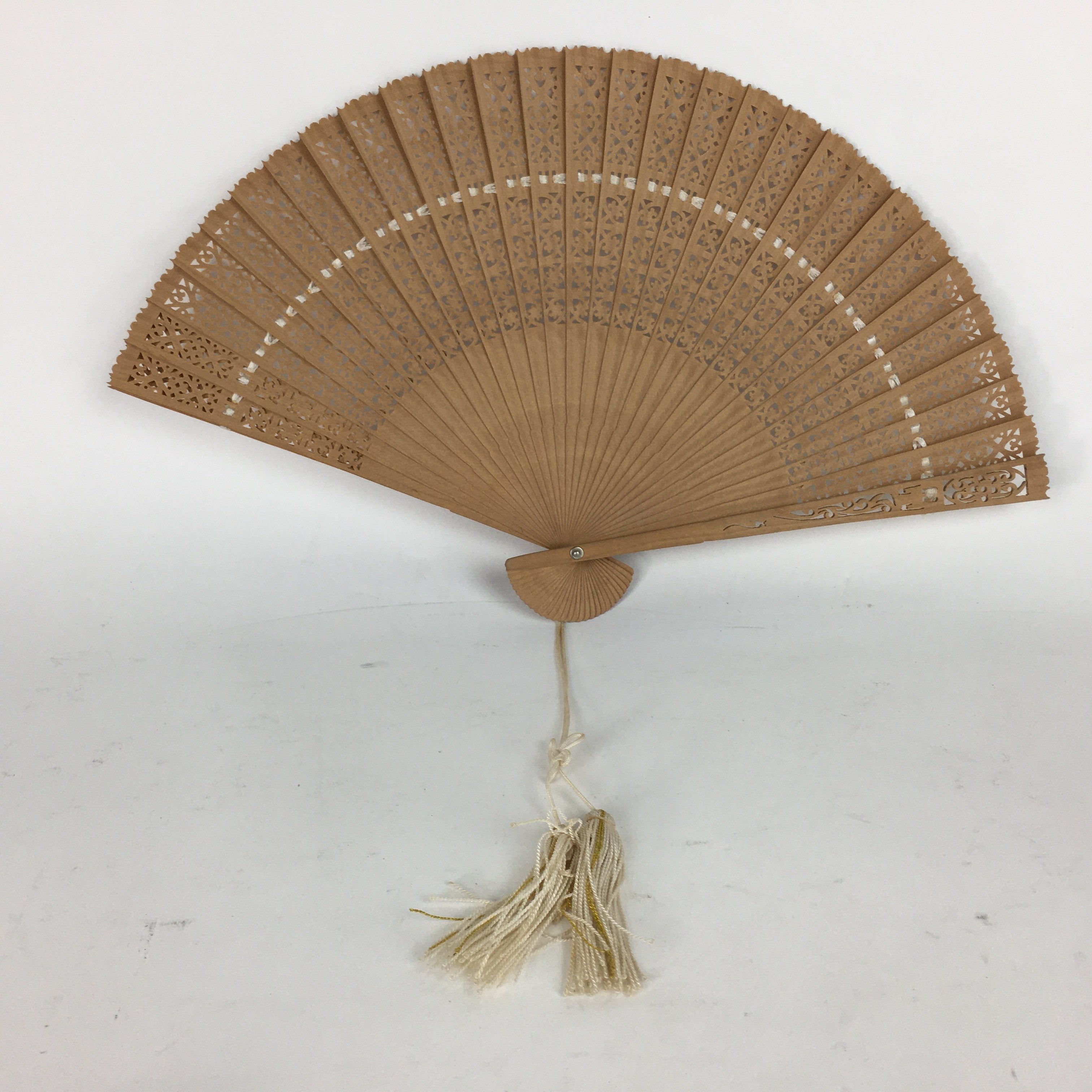 Chinese Wood Folding Scented Hand Fan Vtg Sensu Sandal Wood Carving Brown 4D493