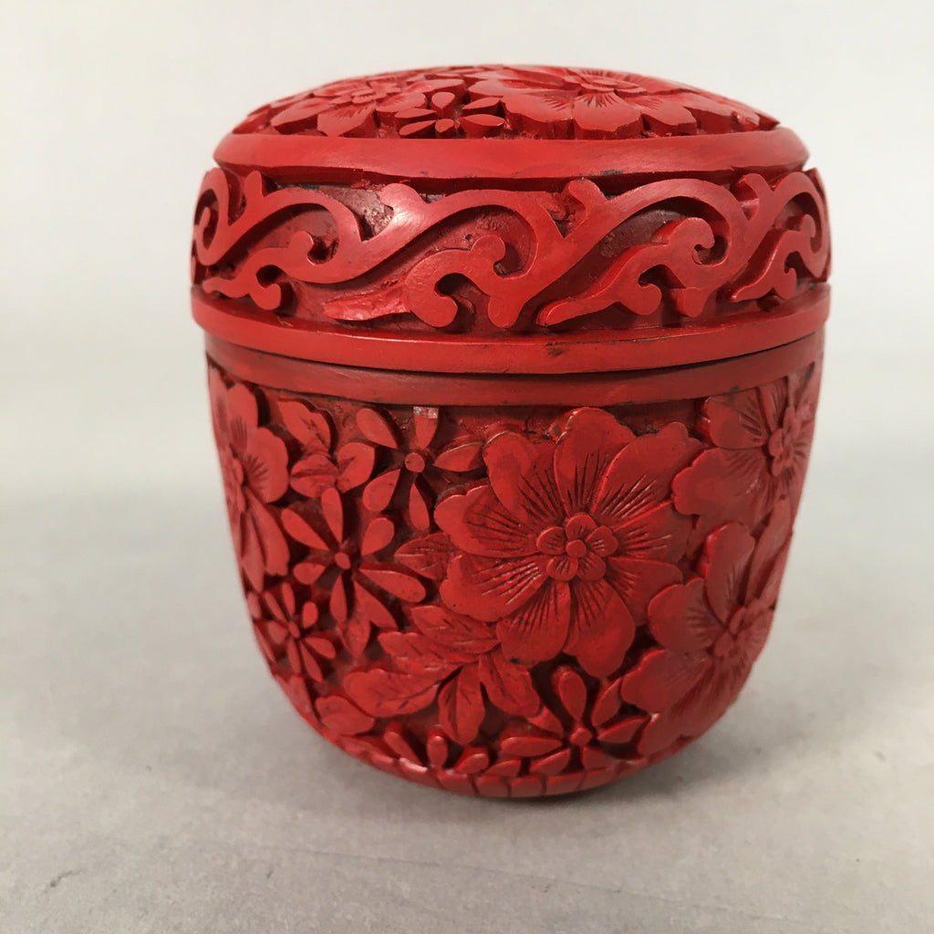 Chinese Wooden Lacquered Tea Caddy Replica Vtg Red Natsume Floral Carving NM78
