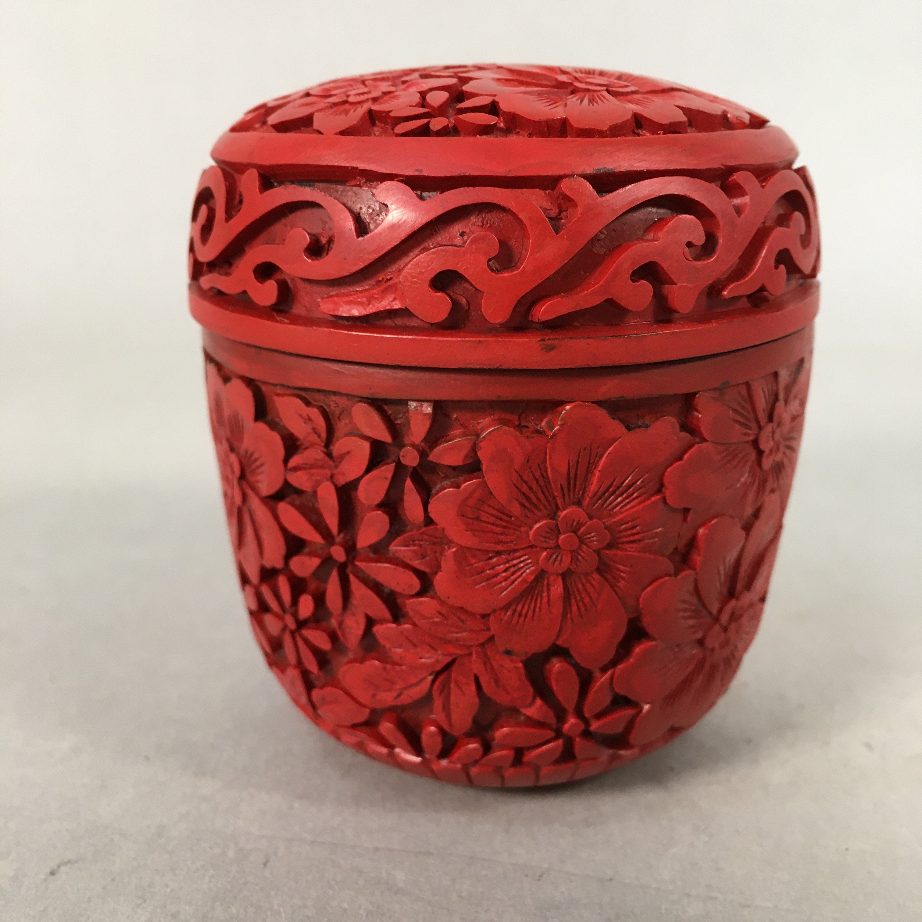 Chinese Wooden Lacquered Tea Caddy Replica Vtg Red Natsume Floral Carving NM78