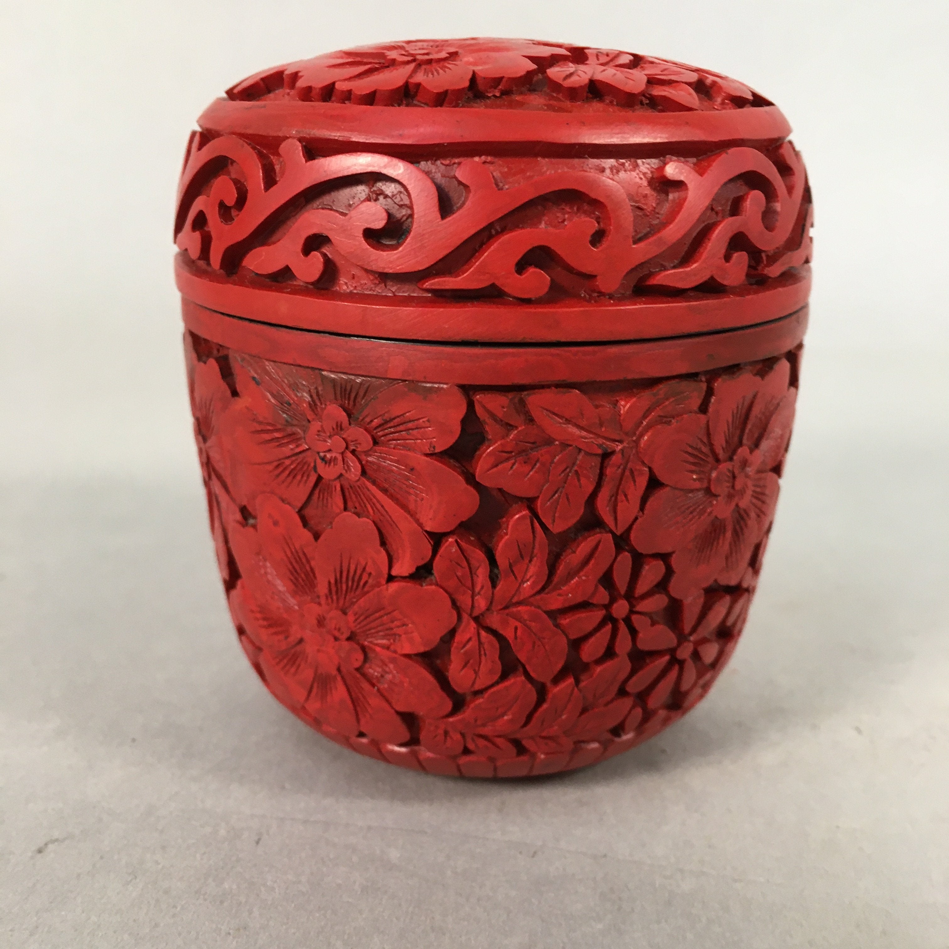 Chinese Wooden Lacquered Tea Caddy Replica Vtg Red Natsume Floral Carving NM78