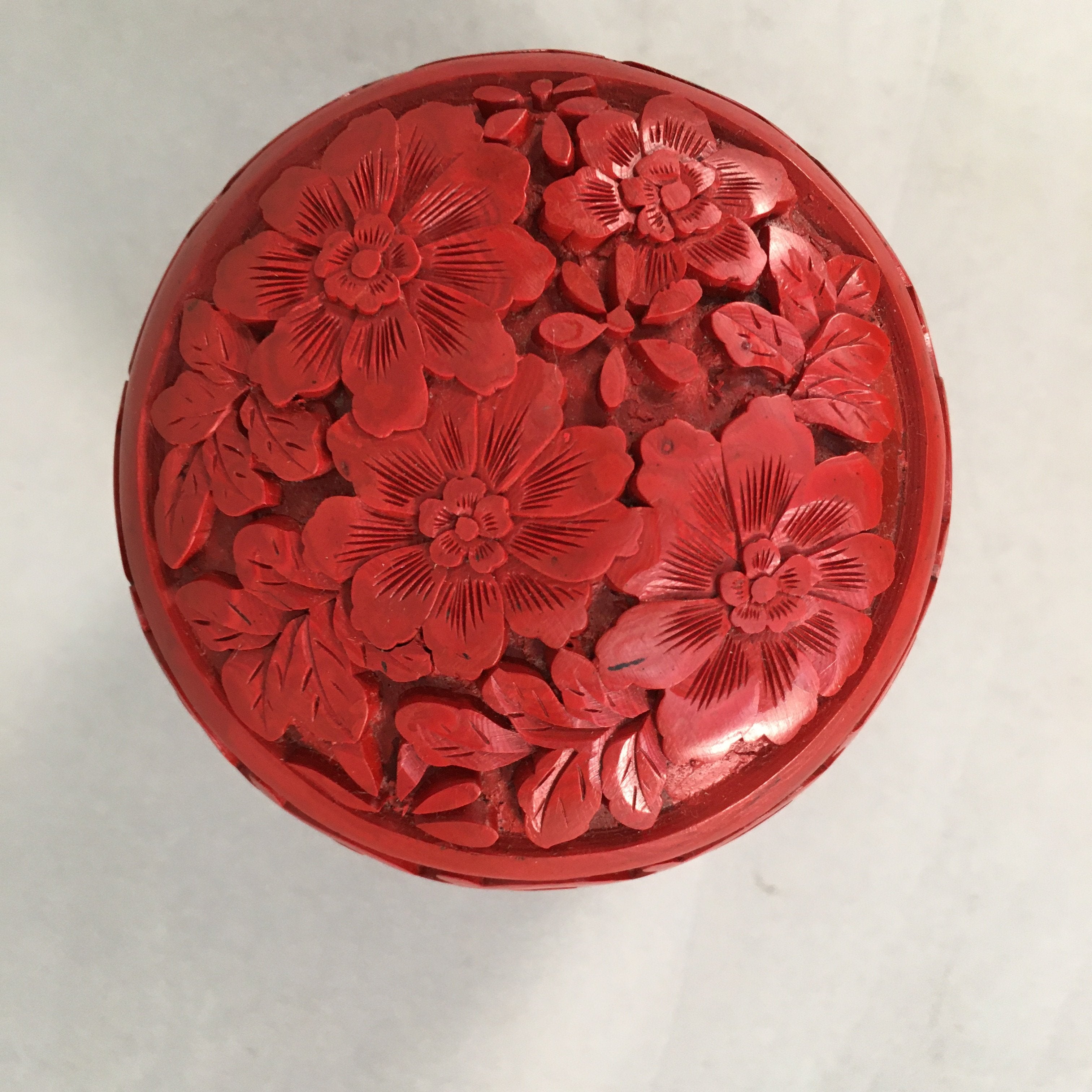Chinese Wooden Lacquered Tea Caddy Replica Vtg Red Natsume Floral Carving NM78