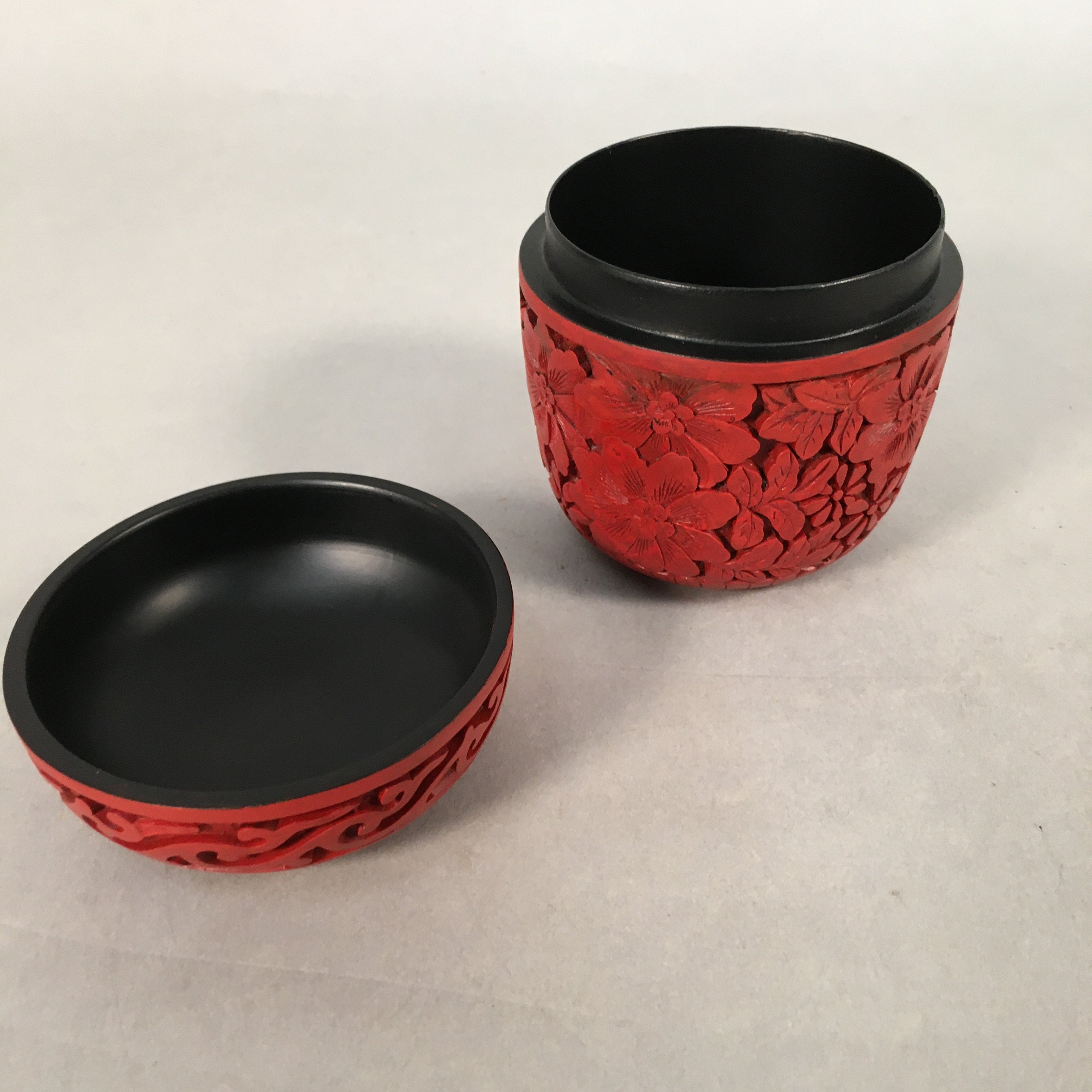 Chinese Wooden Lacquered Tea Caddy Replica Vtg Red Natsume Floral Carving NM78