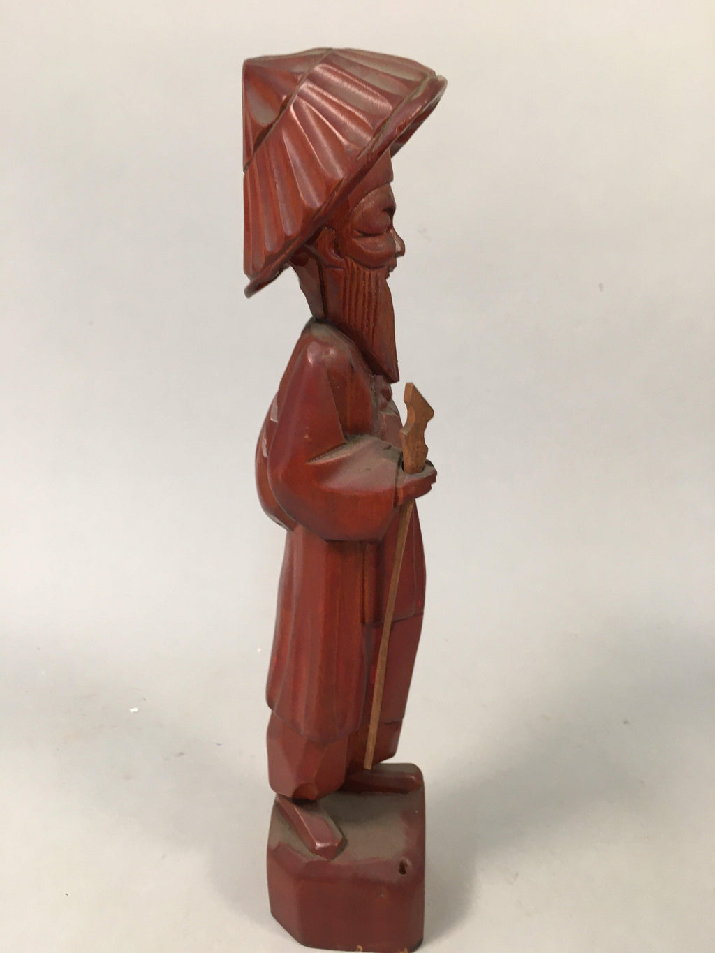 Chinese Wooden Statue Vtg Old Wise Man Beard Stick Cane Brown BD553