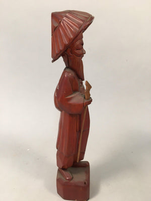 Chinese Wooden Statue Vtg Old Wise Man Beard Stick Cane Brown BD553