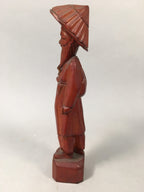 Chinese Wooden Statue Vtg Old Wise Man Beard Stick Cane Brown BD553
