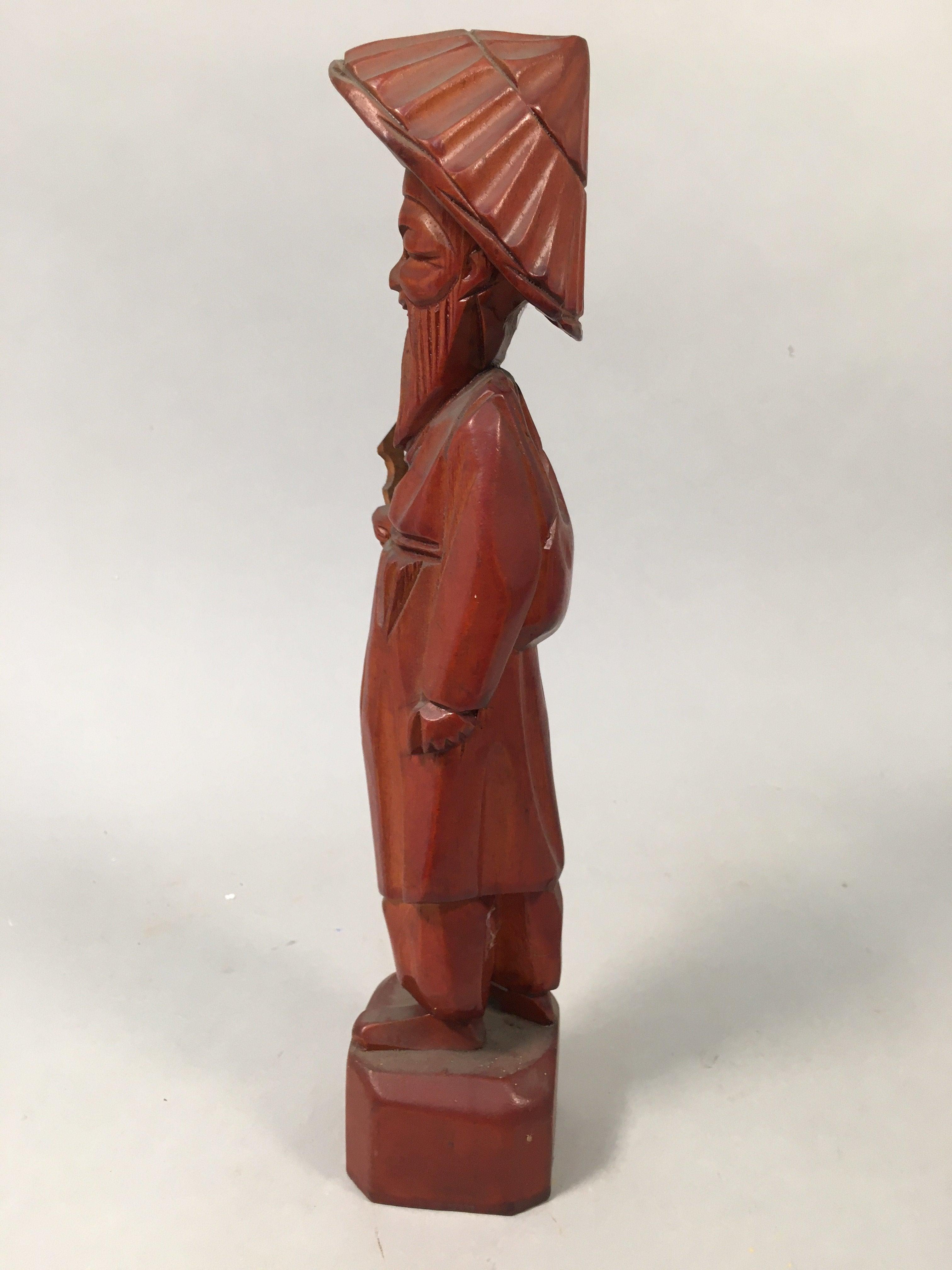 Chinese Wooden Statue Vtg Old Wise Man Beard Stick Cane Brown BD553