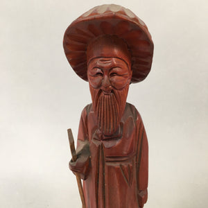 Chinese Wooden Statue Vtg Old Wise Man Beard Stick Cane Brown BD553