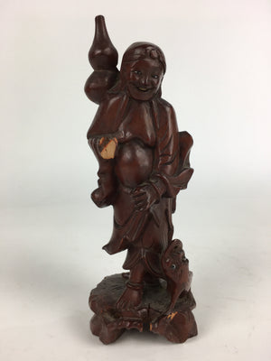 Chinese Wooden Statue Vtg Wood Carving Goddess Gourd Dog Brown BD810