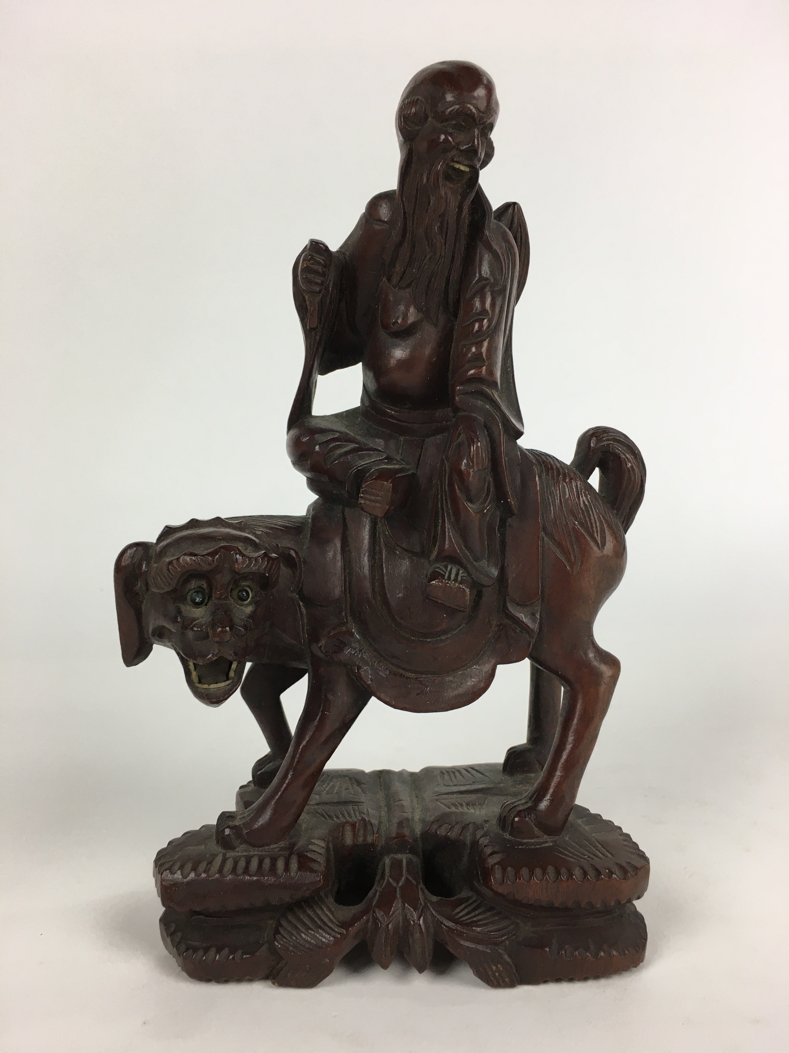 Chinese Wooden Statue Vtg Wood Carving Old Wise Man Beard Jurojin Brown BD809