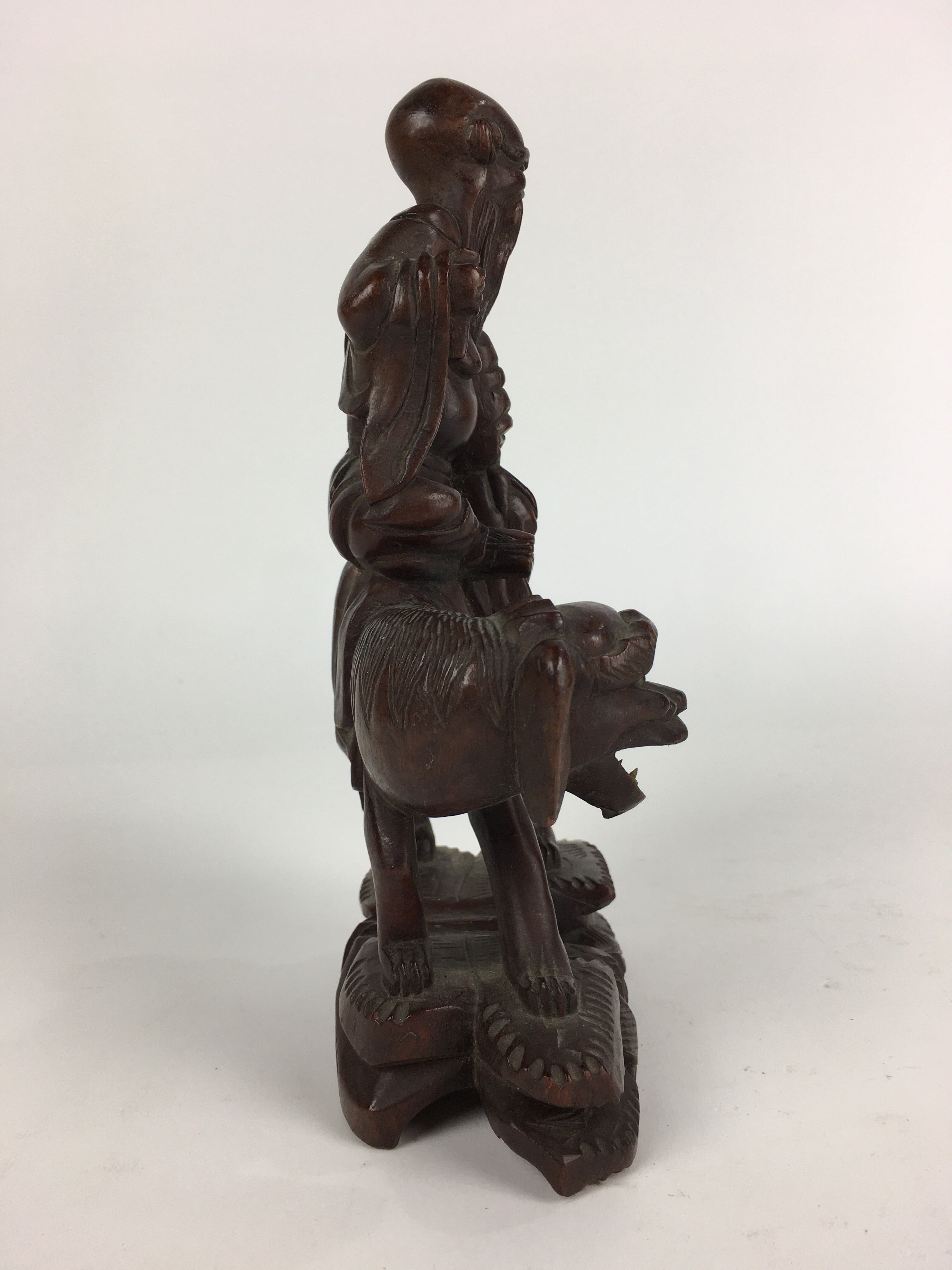Chinese Wooden Statue Vtg Wood Carving Old Wise Man Beard Jurojin Brown BD809