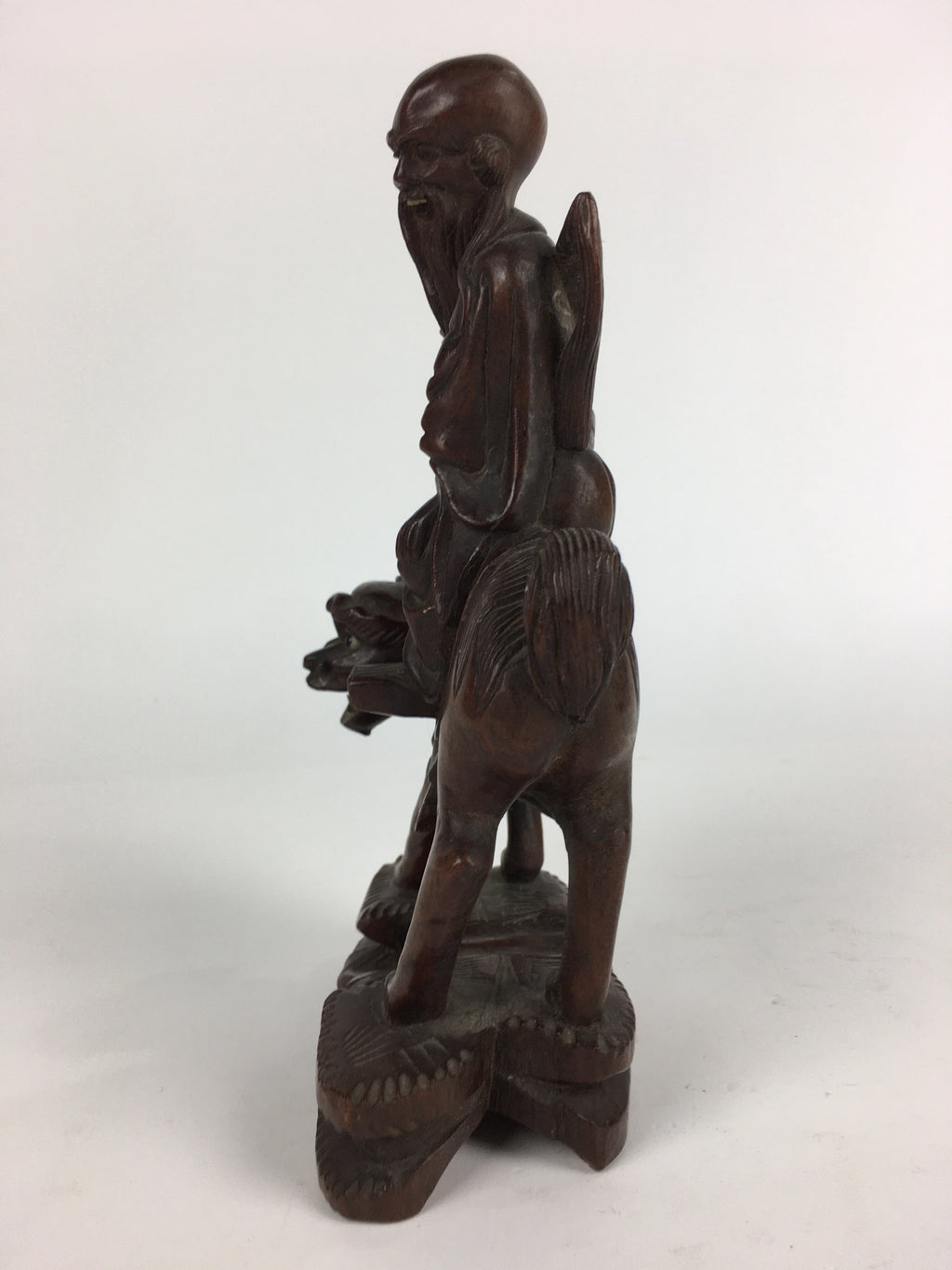 Chinese Wooden Statue Vtg Wood Carving Old Wise Man Beard Jurojin Brown BD809