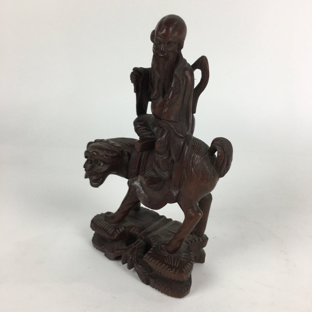 Chinese Wooden Statue Vtg Wood Carving Old Wise Man Beard Jurojin Brown BD809