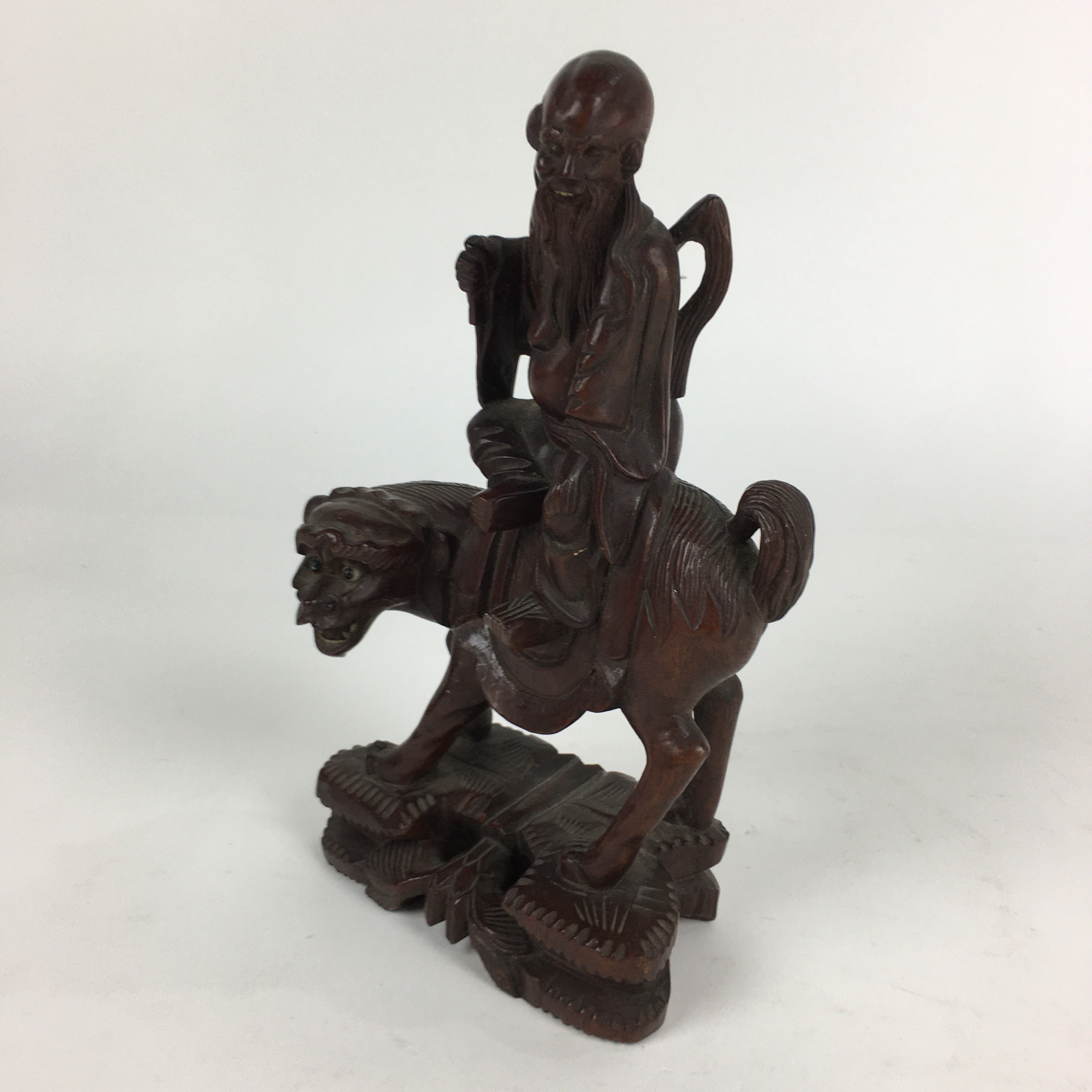 Chinese Wooden Statue Vtg Wood Carving Old Wise Man Beard Jurojin Brown BD809
