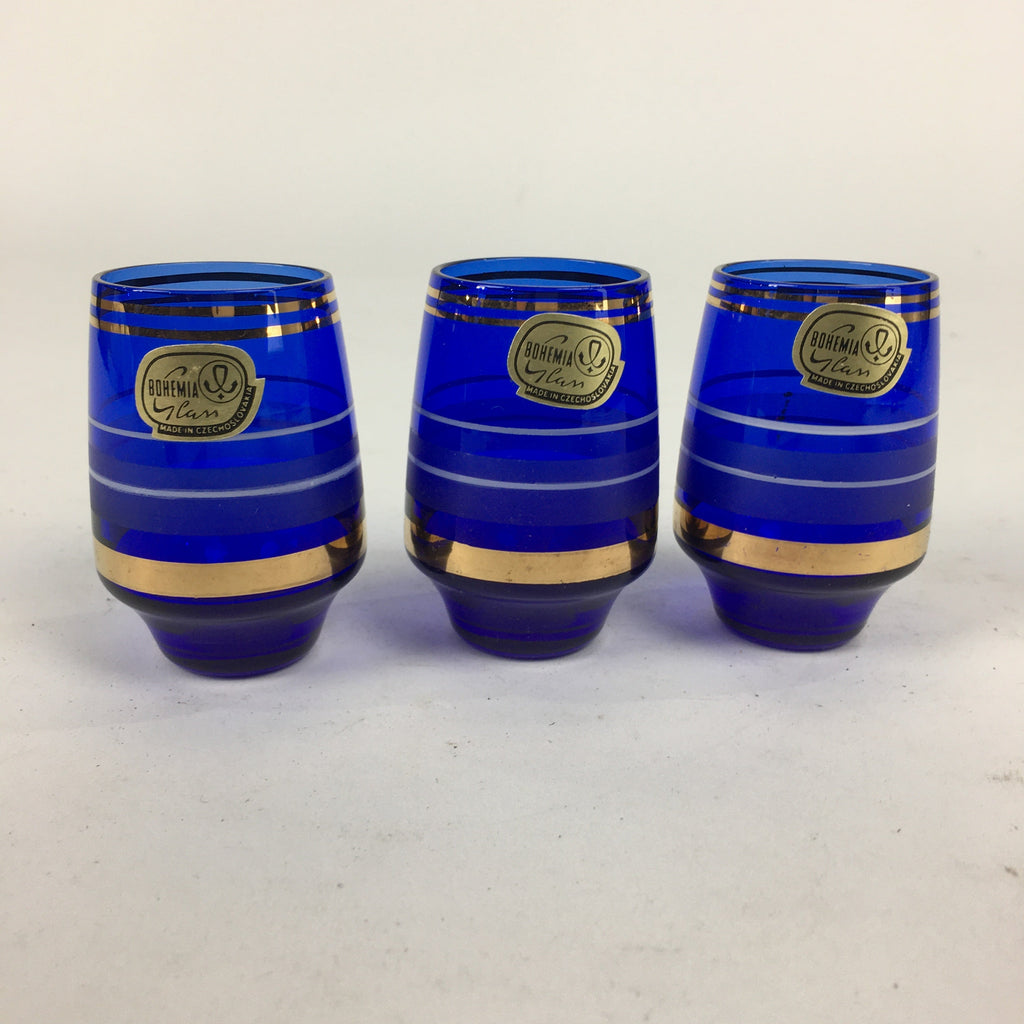 Czechoslovakia Sake Cup 3pc Set Vtg Bohemia Blue Glass Guinomi Ochoko GU991
