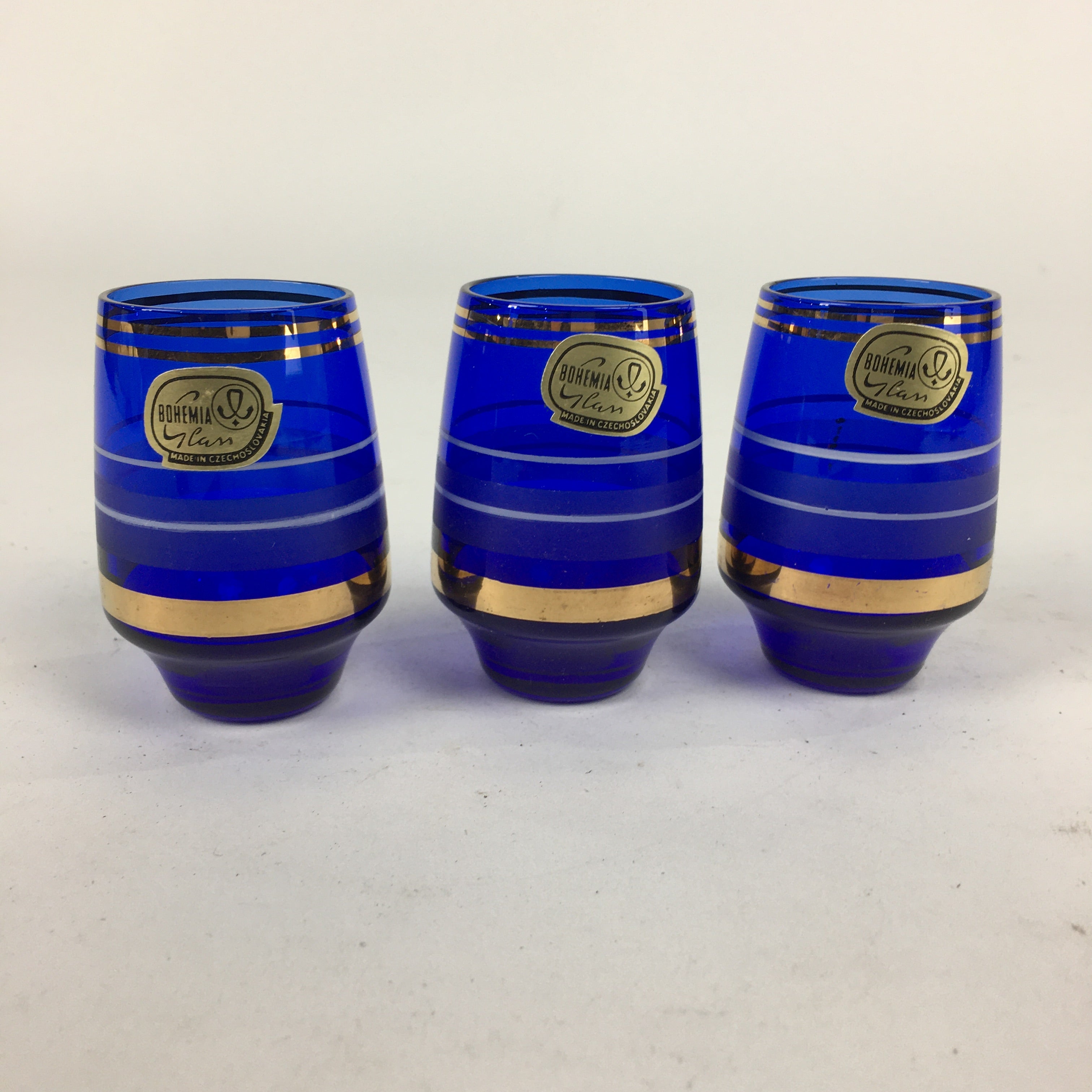 Czechoslovakia Sake Cup 3pc Set Vtg Bohemia Blue Glass Guinomi Ochoko GU991