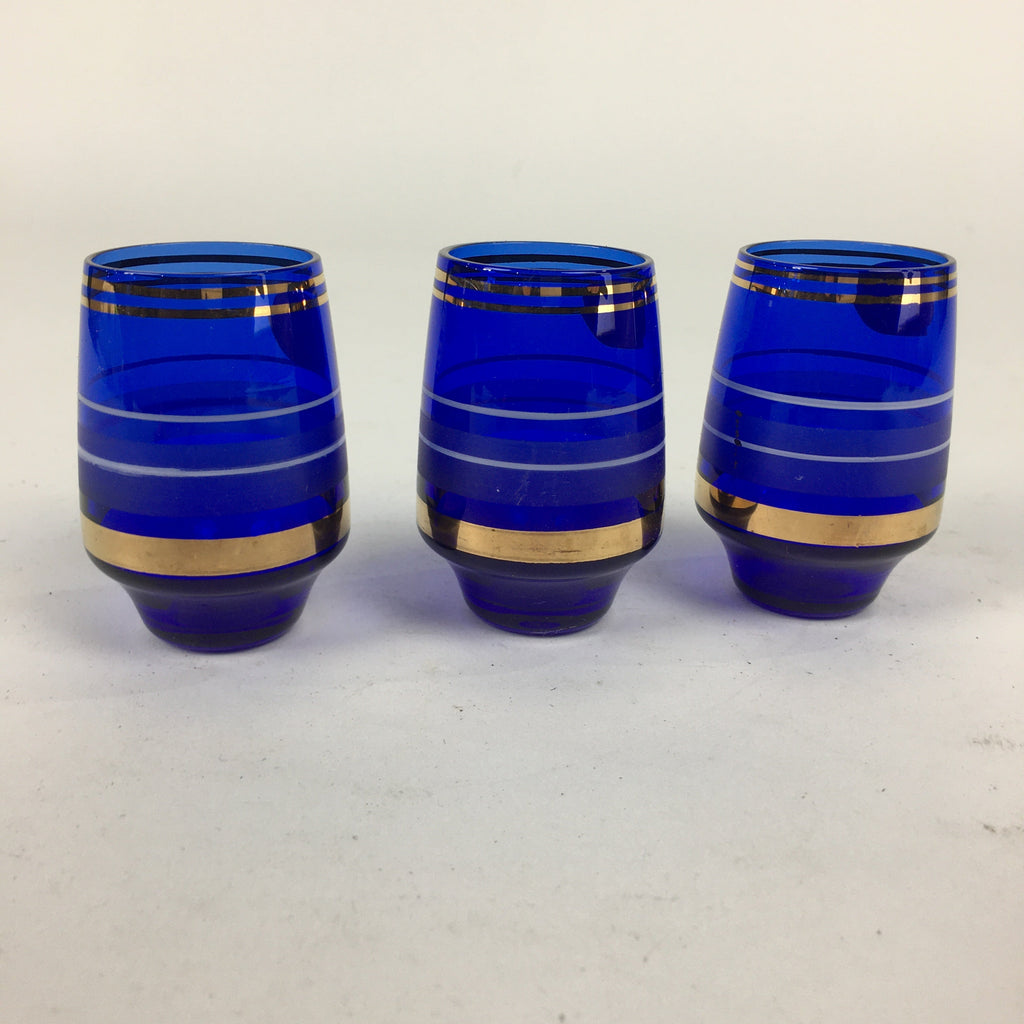 Czechoslovakia Sake Cup 3pc Set Vtg Bohemia Blue Glass Guinomi Ochoko GU991