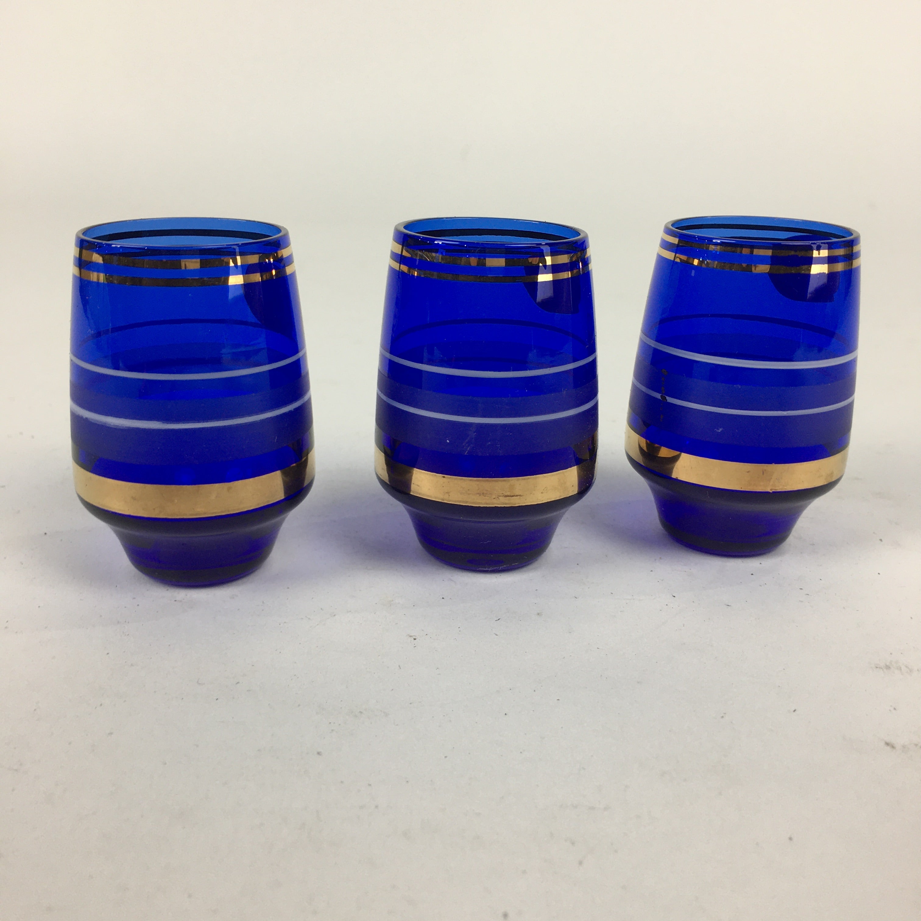 Czechoslovakia Sake Cup 3pc Set Vtg Bohemia Blue Glass Guinomi Ochoko GU991