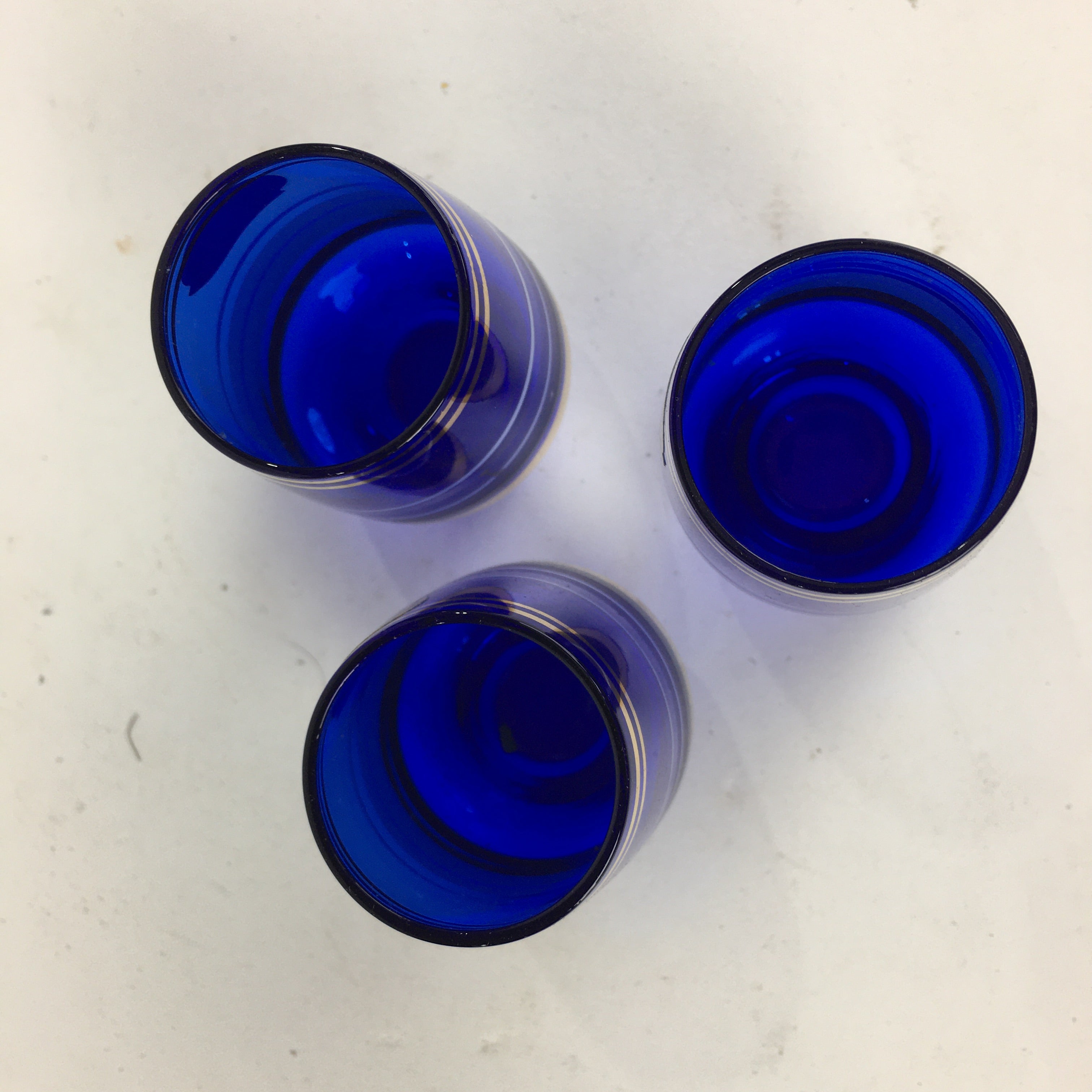 Czechoslovakia Sake Cup 3pc Set Vtg Bohemia Blue Glass Guinomi Ochoko GU991