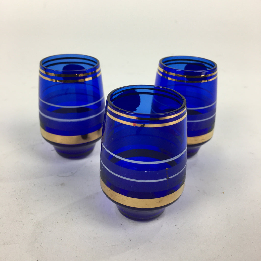 Czechoslovakia Sake Cup 3pc Set Vtg Bohemia Blue Glass Guinomi Ochoko GU991