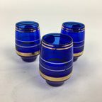Czechoslovakia Sake Cup 3pc Set Vtg Bohemia Blue Glass Guinomi Ochoko GU991