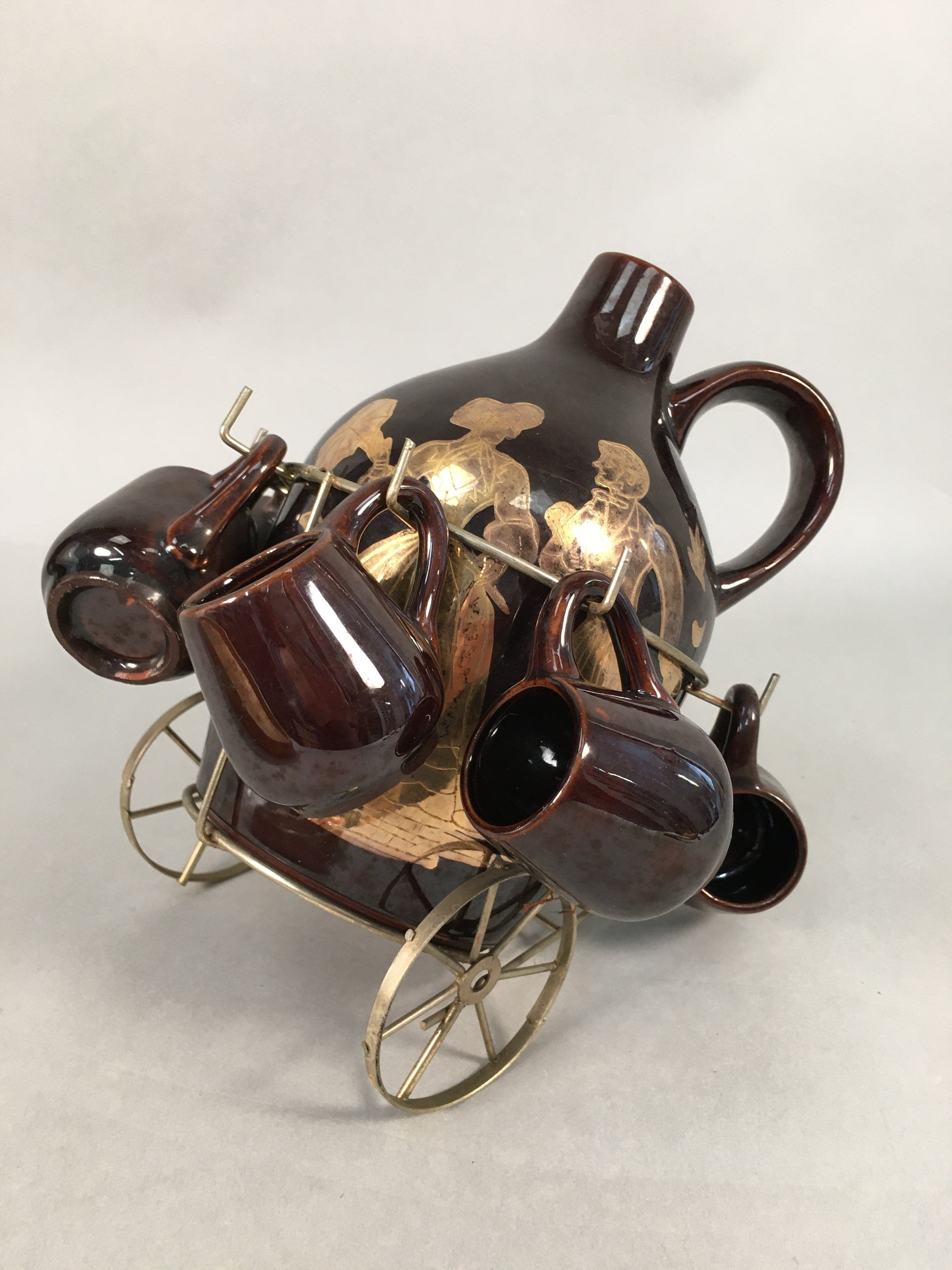 Decorative Brandy Server Cup Set Horse Carriage Stand Brown Gold Pilgrim PX536
