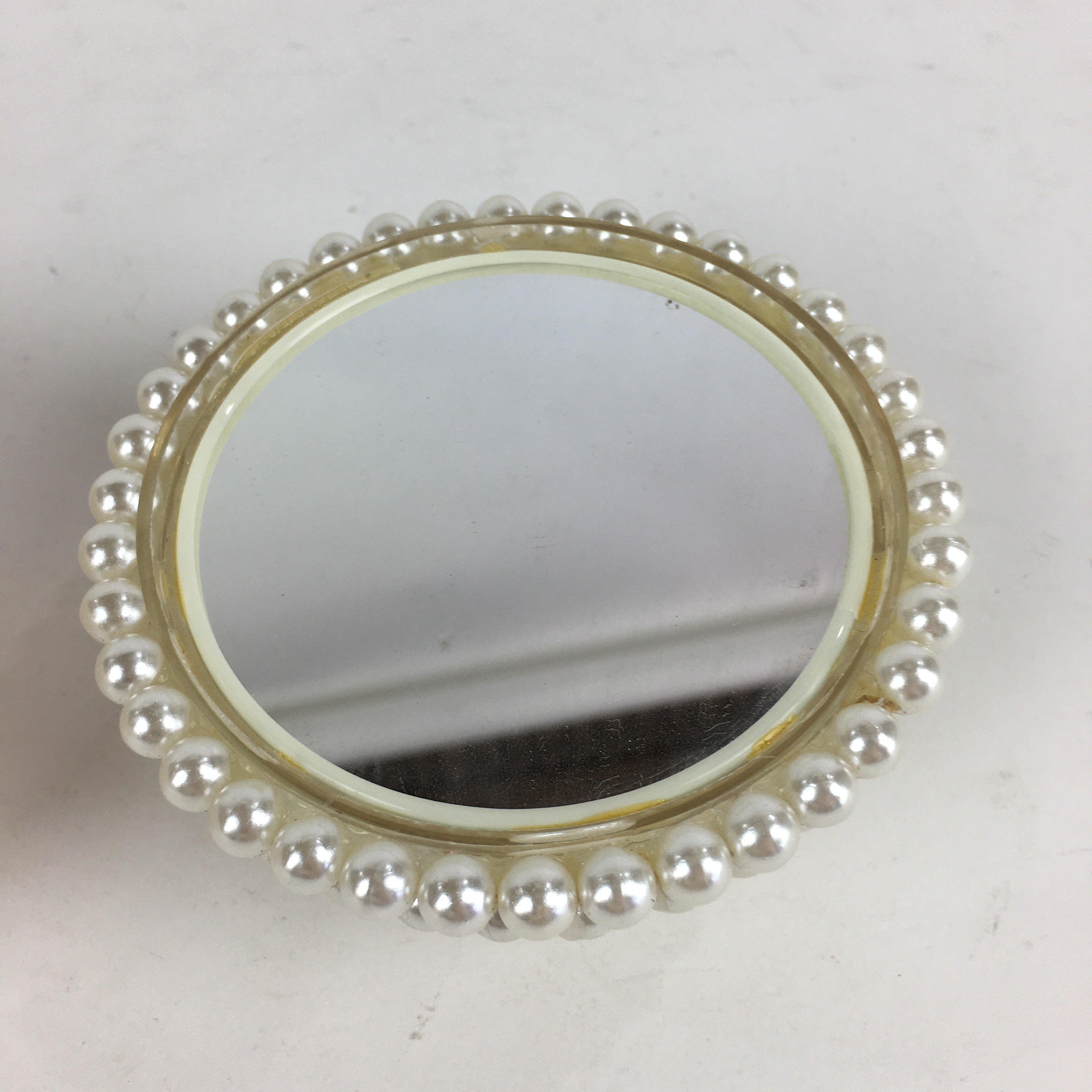 Japanese Accessory Case With Mirror Vtg White Beads Orient Round JK358