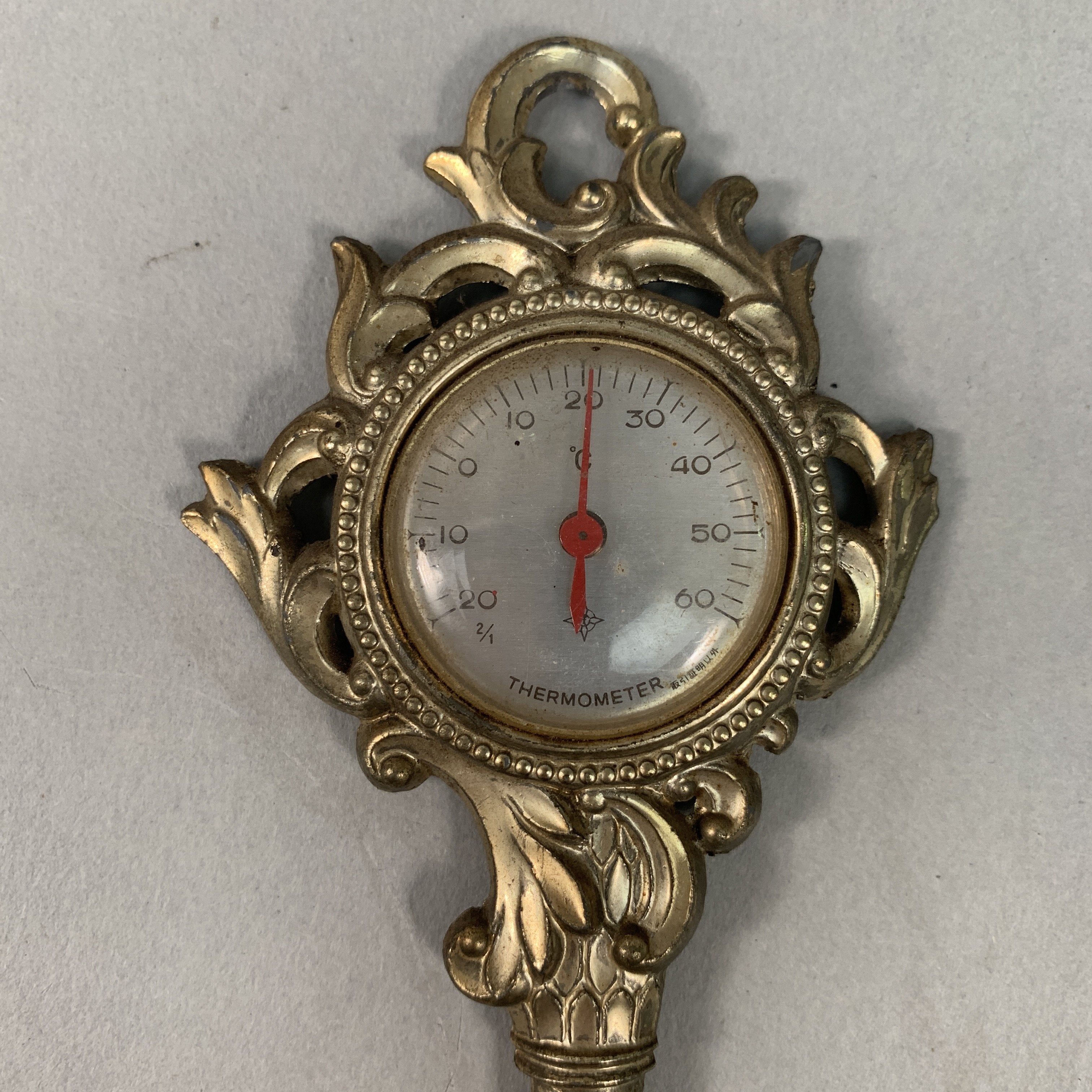 Japanese Analog Thermometer Vtg Metal Key Gold Red Needle J980