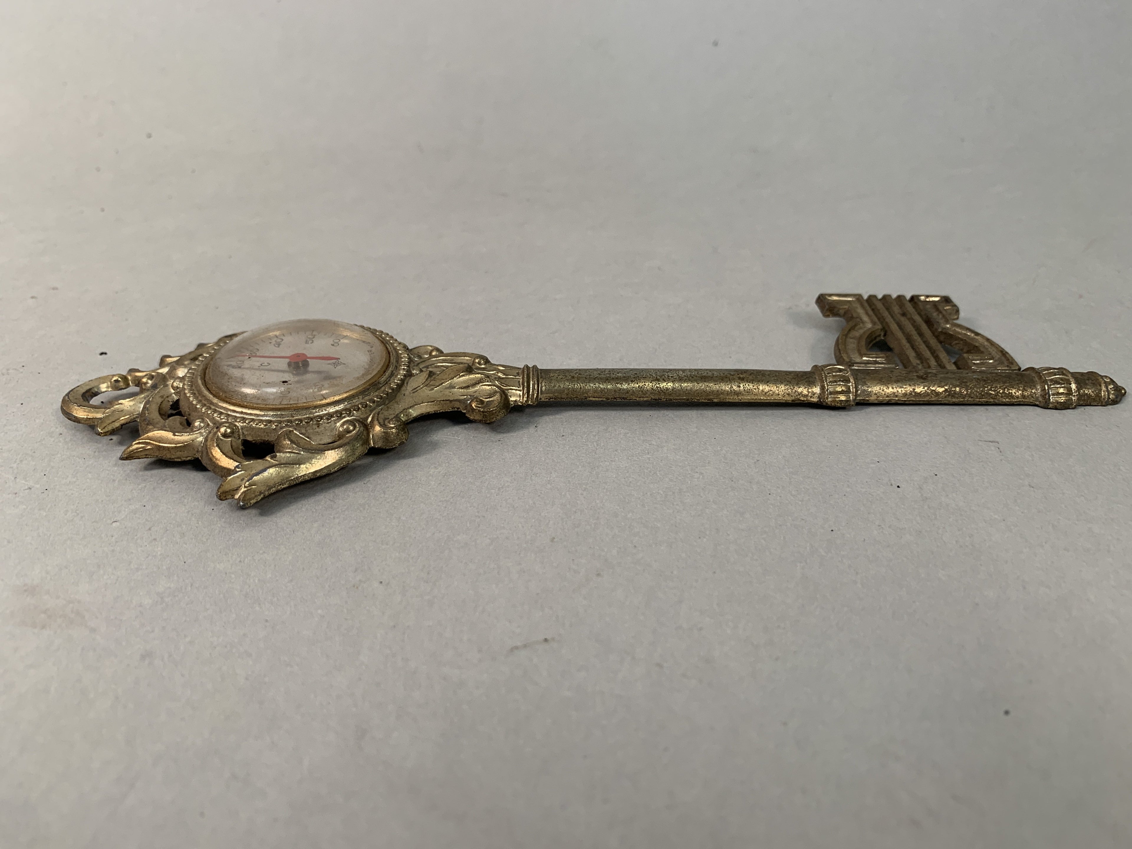Japanese Analog Thermometer Vtg Metal Key Gold Red Needle J980