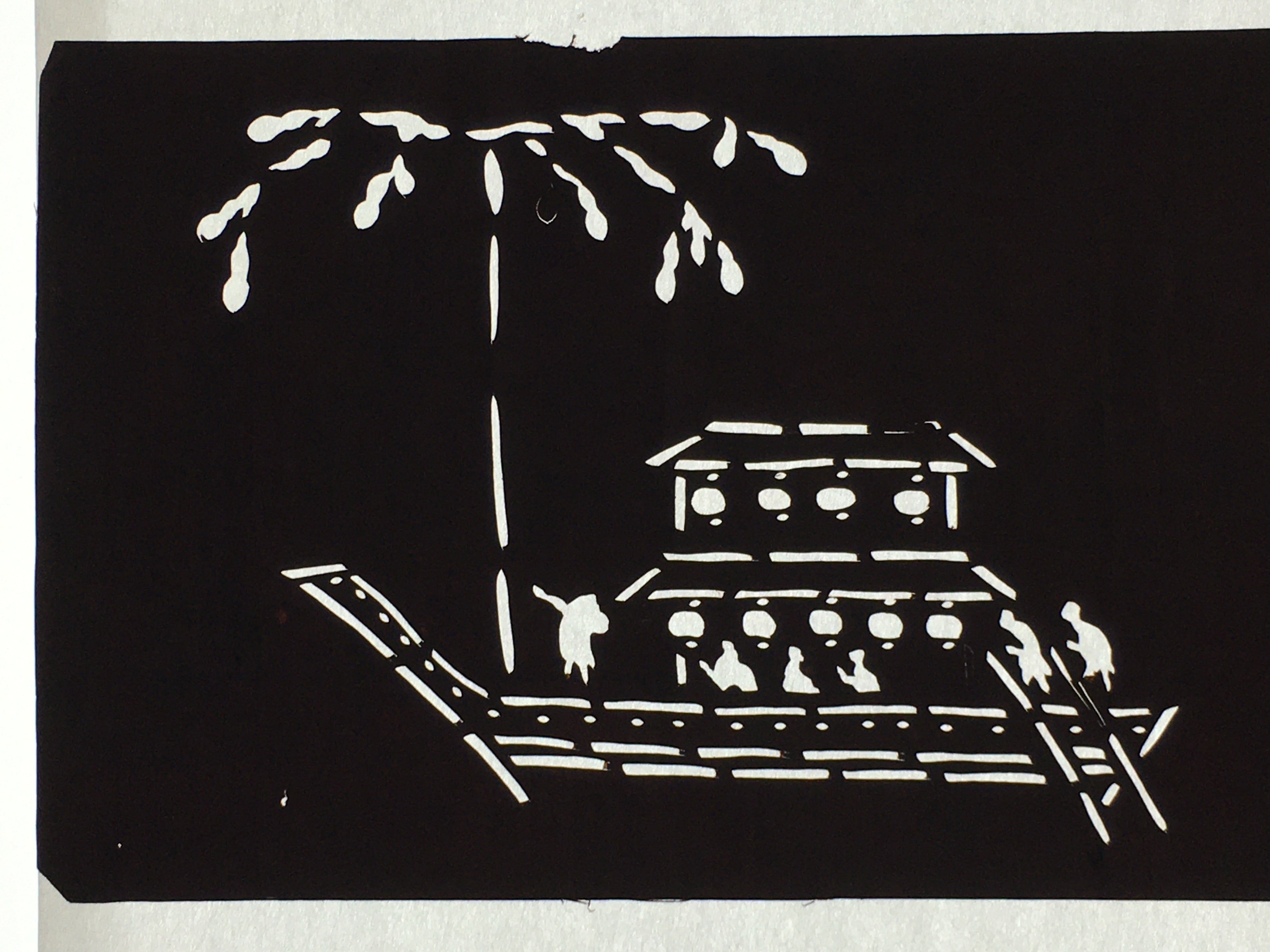 Japanese Antique Ise Katagami Paper Kimono Stencil Edo Festival Boats Fireworks