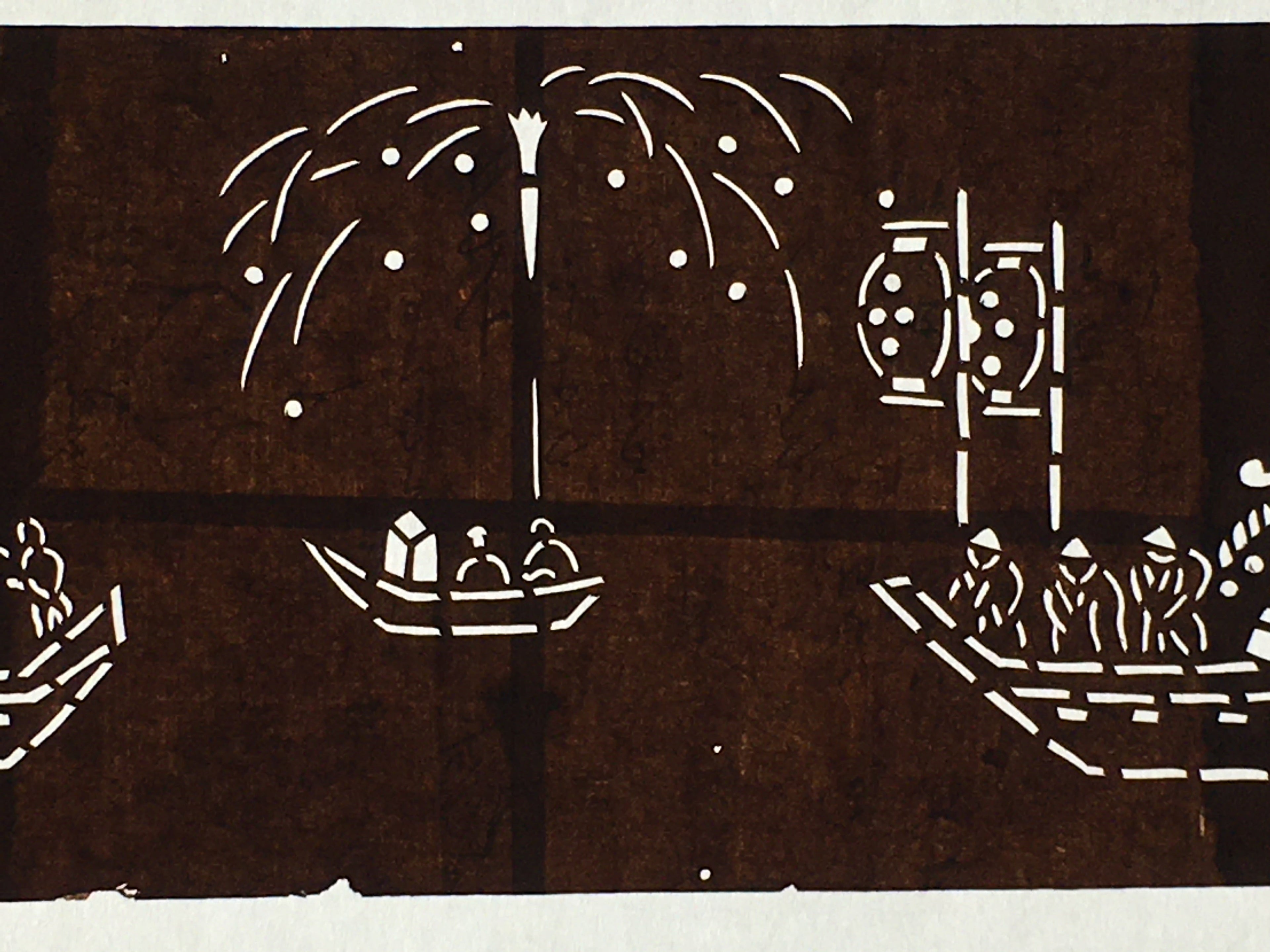 Japanese Antique Ise Katagami Paper Kimono Stencil Edo Festival Fireworks A563