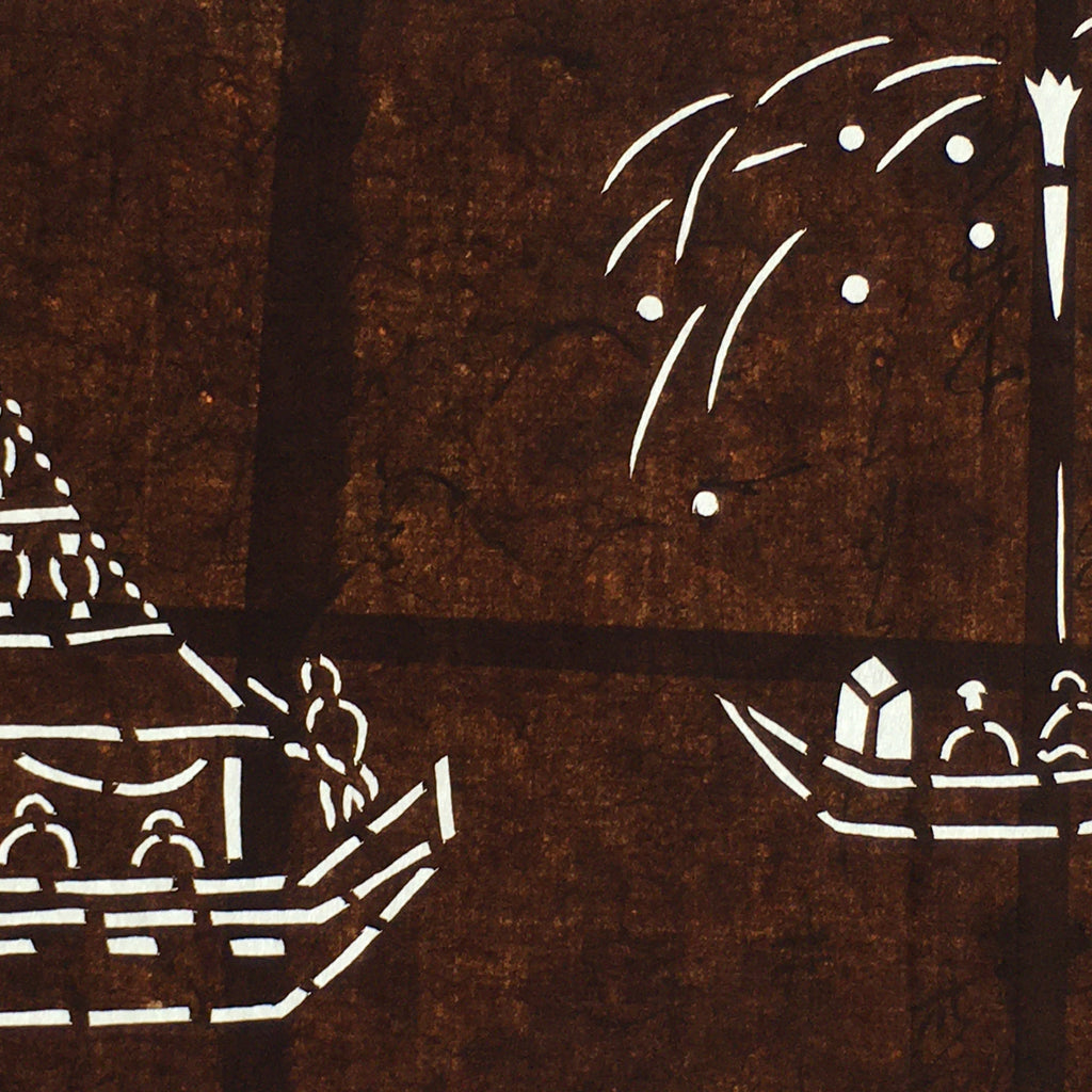 Japanese Antique Ise Katagami Paper Kimono Stencil Edo Festival Fireworks A563