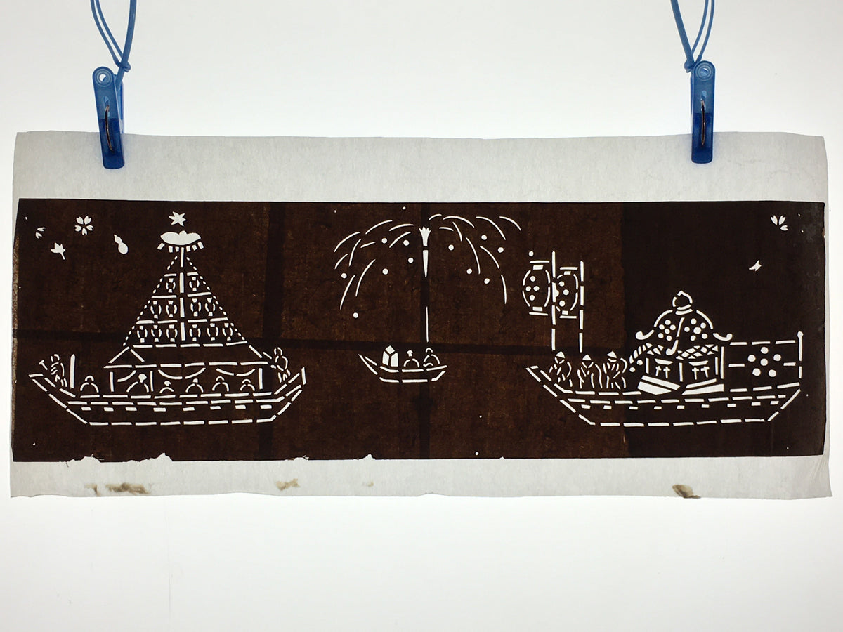 Japanese Antique Ise Katagami Paper Kimono Stencil Edo Festival Fireworks A563