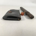 Japanese Antique Tobacco Pouch Pipe Case Jade Leather Meiji Era C1900 K123
