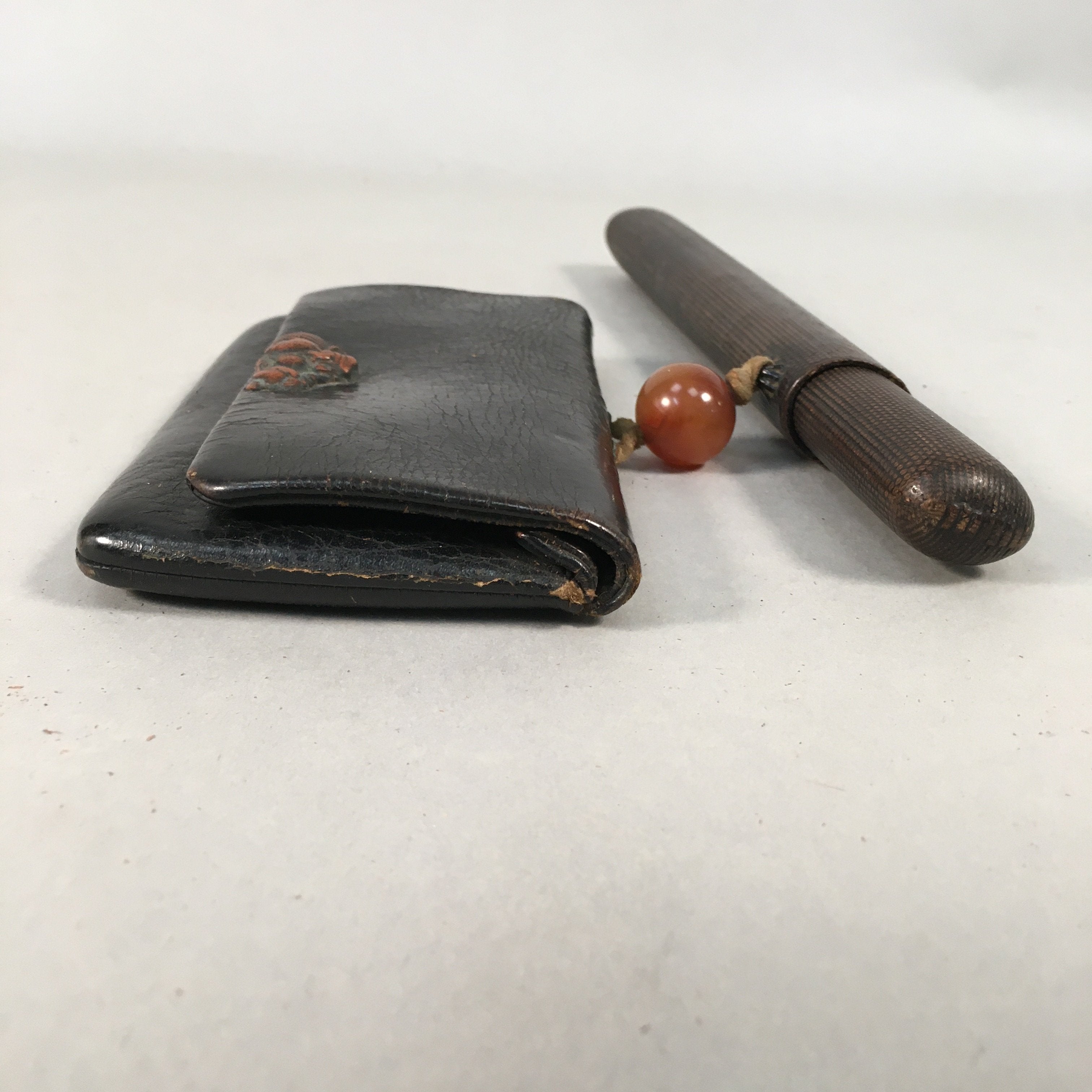 Japanese Antique Tobacco Pouch Pipe Case Jade Leather Meiji Era C1900 K123