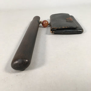Japanese Antique Tobacco Pouch Pipe Case Jade Leather Meiji Era C1900 K123