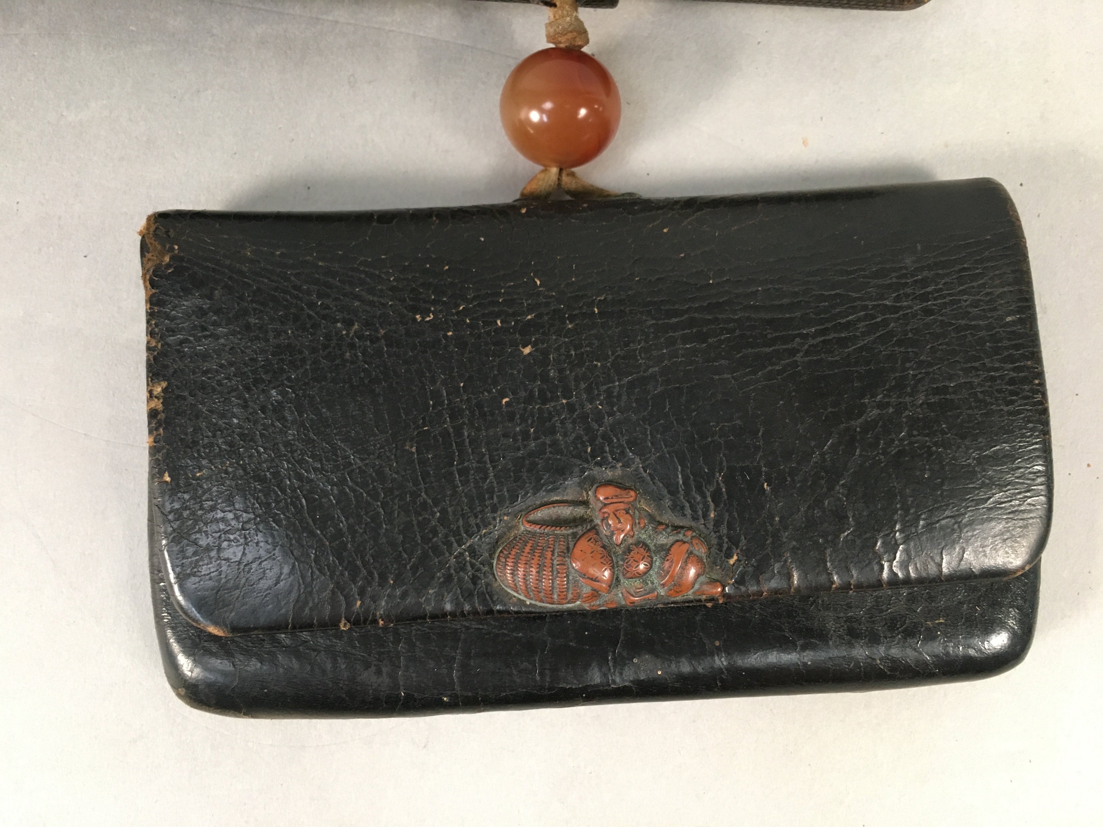 Japanese Antique Tobacco Pouch Pipe Case Jade Leather Meiji Era C1900 K123