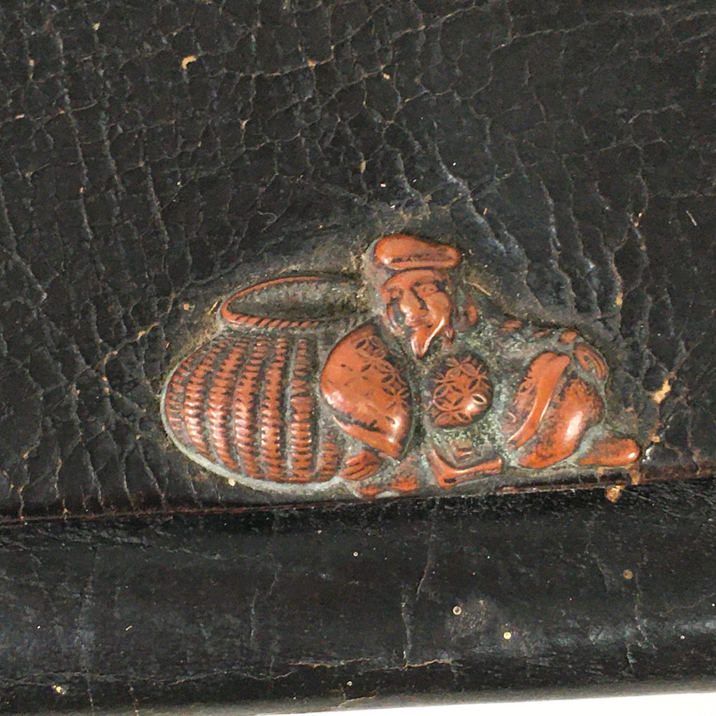 Japanese Antique Tobacco Pouch Pipe Case Jade Leather Meiji Era C1900 K123