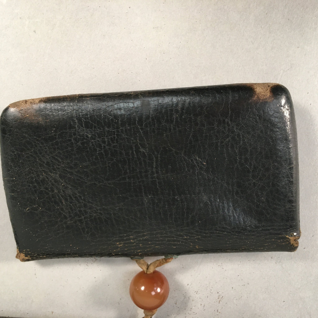 Japanese Antique Tobacco Pouch Pipe Case Jade Leather Meiji Era C1900 K123