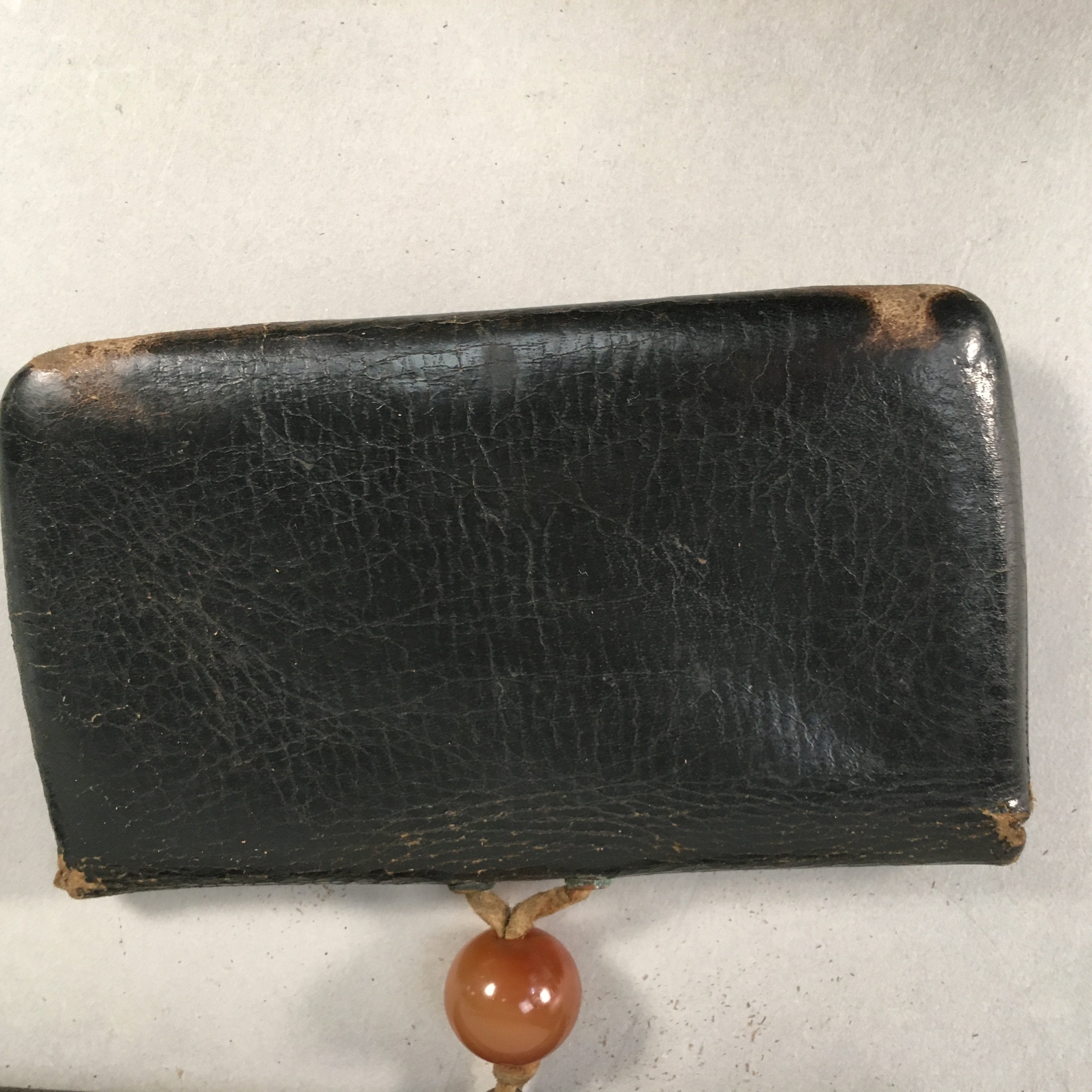 Japanese Antique Tobacco Pouch Pipe Case Jade Leather Meiji Era C1900 K123