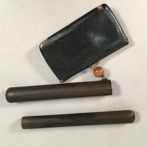 Japanese Antique Tobacco Pouch Pipe Case Jade Leather Meiji Era C1900 K123