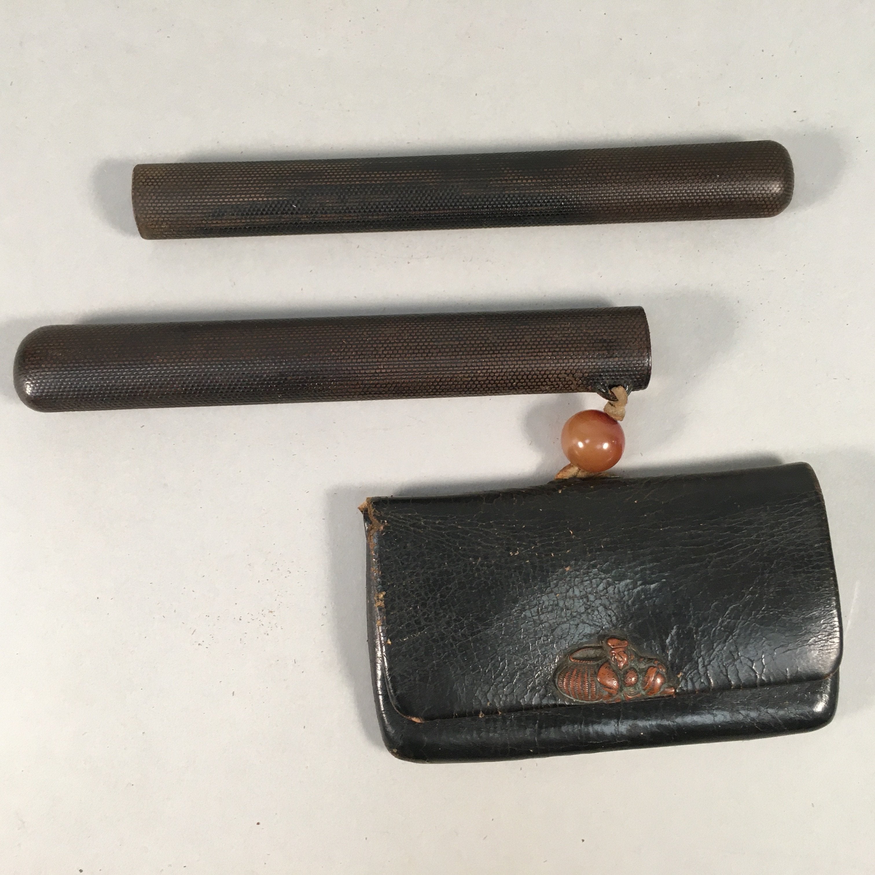 Japanese Antique Tobacco Pouch Pipe Case Jade Leather Meiji Era C1900 K123